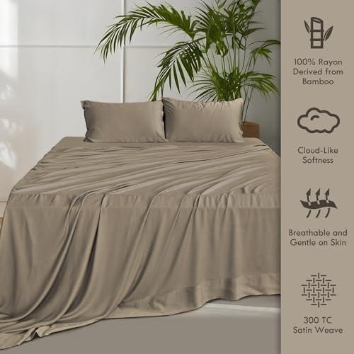 Home 4-Piece Queen Bamboo Bed Sheet Set, 100% Organic Cooling Fabric, 16" Deep Pocket, Taupe - Image 6