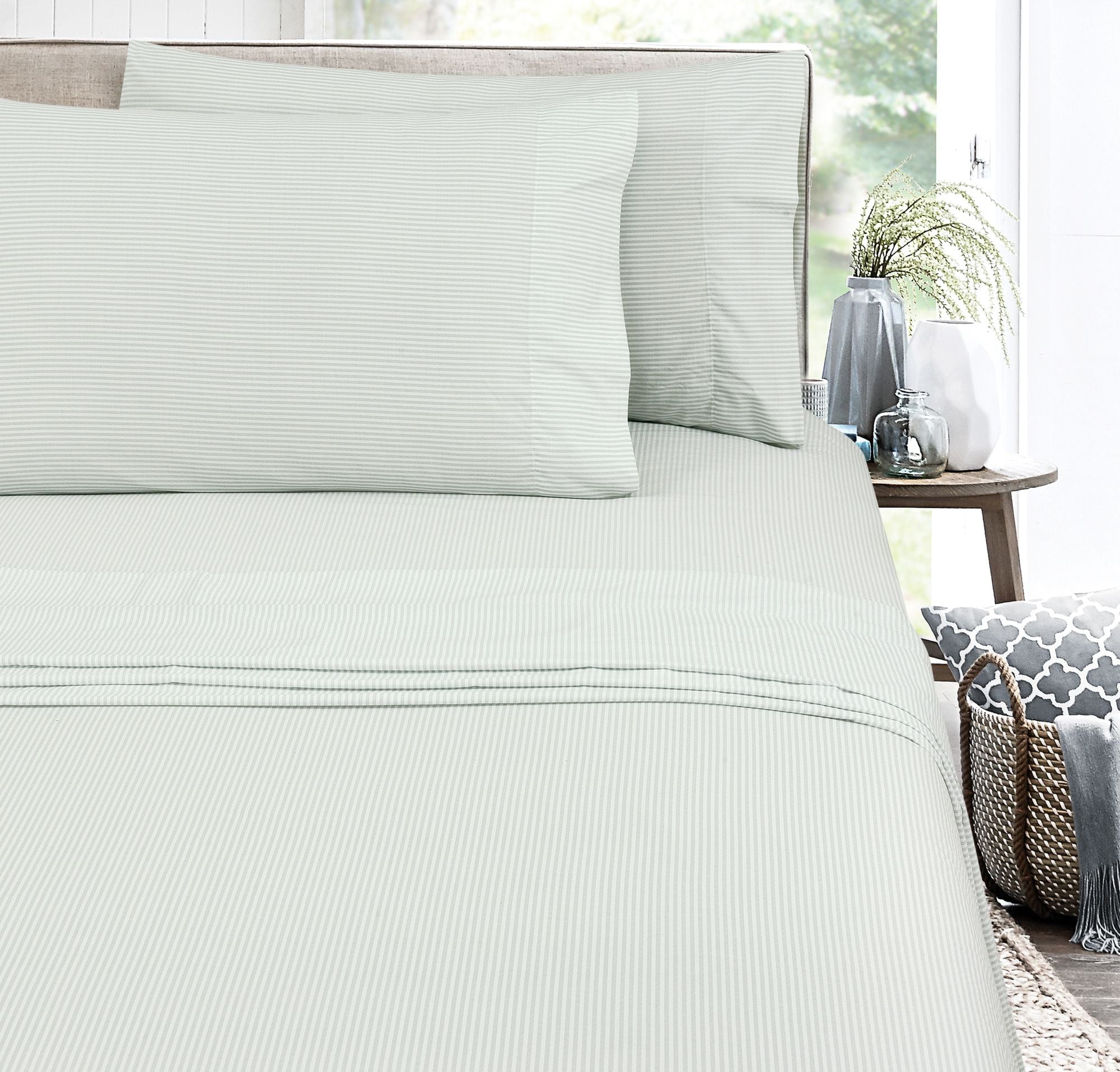 Easy Care 300 Thread Count Cotton Rich Percale Sheet Set, King, Grey Stripes - Image 6