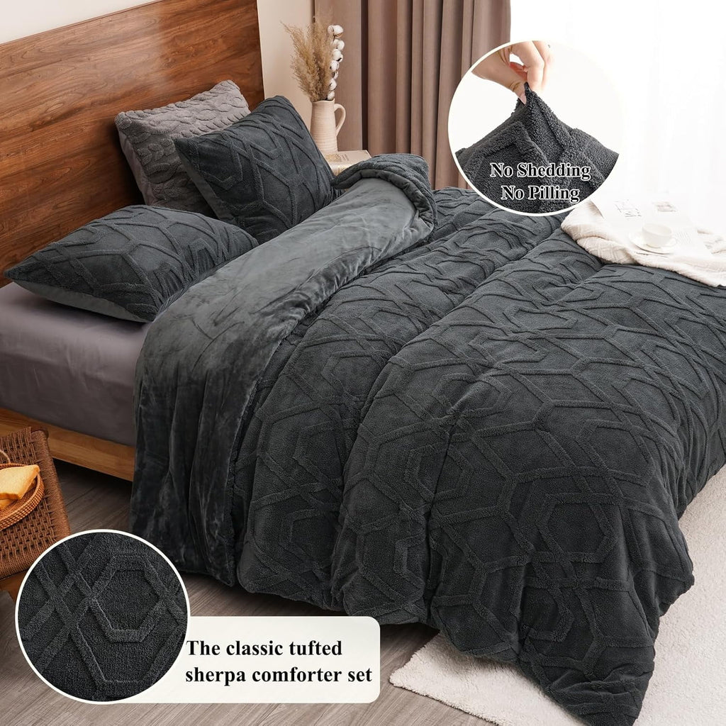 PHF Warm Sherpa Fleece Queen Comforter Set, 3D Tufted Fluffy Dark Grey Bedding for Winter, Soft 3 Pieces Shaggy Bed Set, 1 Comforter (90"x90 - Image 5