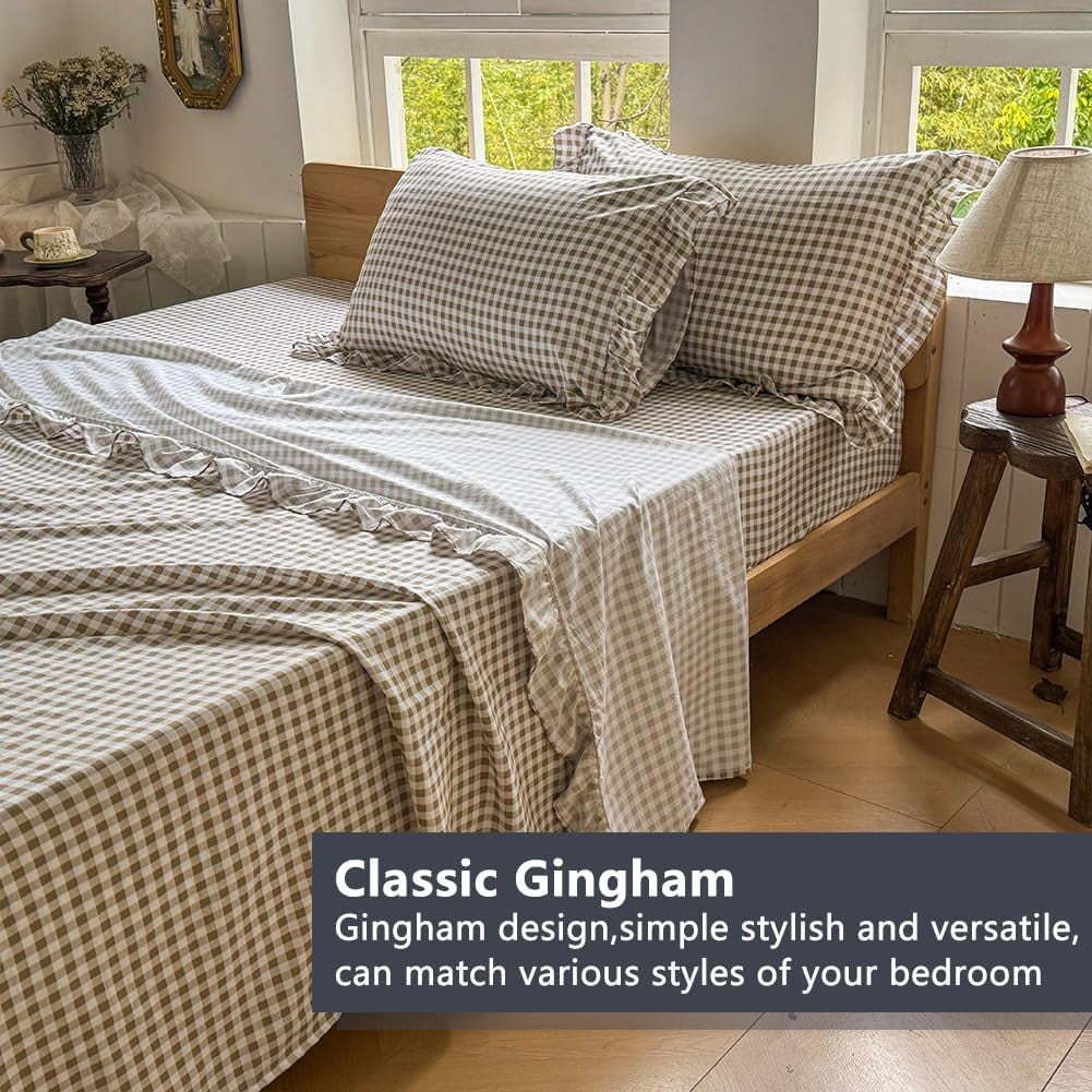 Tan Gingham Ruffle Queen Sheet Set, Taupe Soft Pre-Washed Microfiber Plaid Ruffled Queen Bed Sheets, 4-Pieces Farmhouse Sheet Set with Deep - Image 3