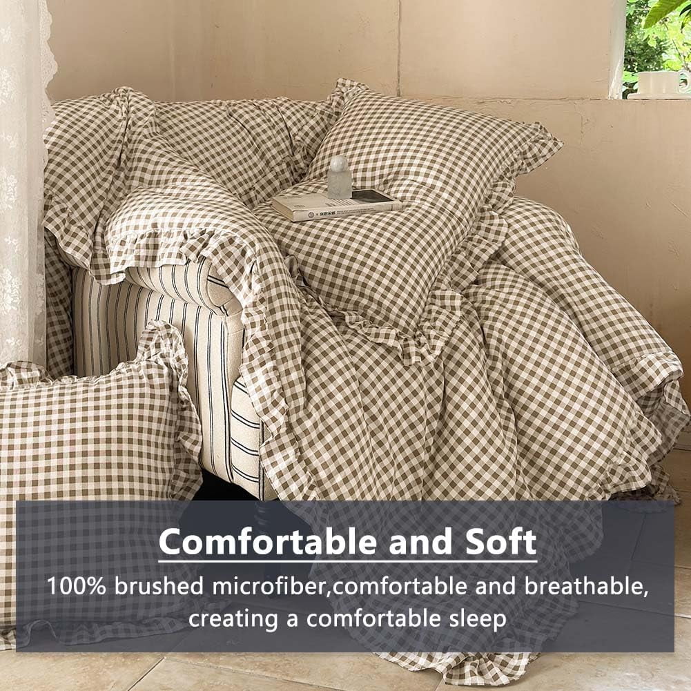 Tan Gingham Ruffle Queen Comforter Set, Taupe Ruffled Plaid Bedding Set, Ruffled Checked Bed Comforter 3 Pieces(Tan Gingham, Queen) - Image 3