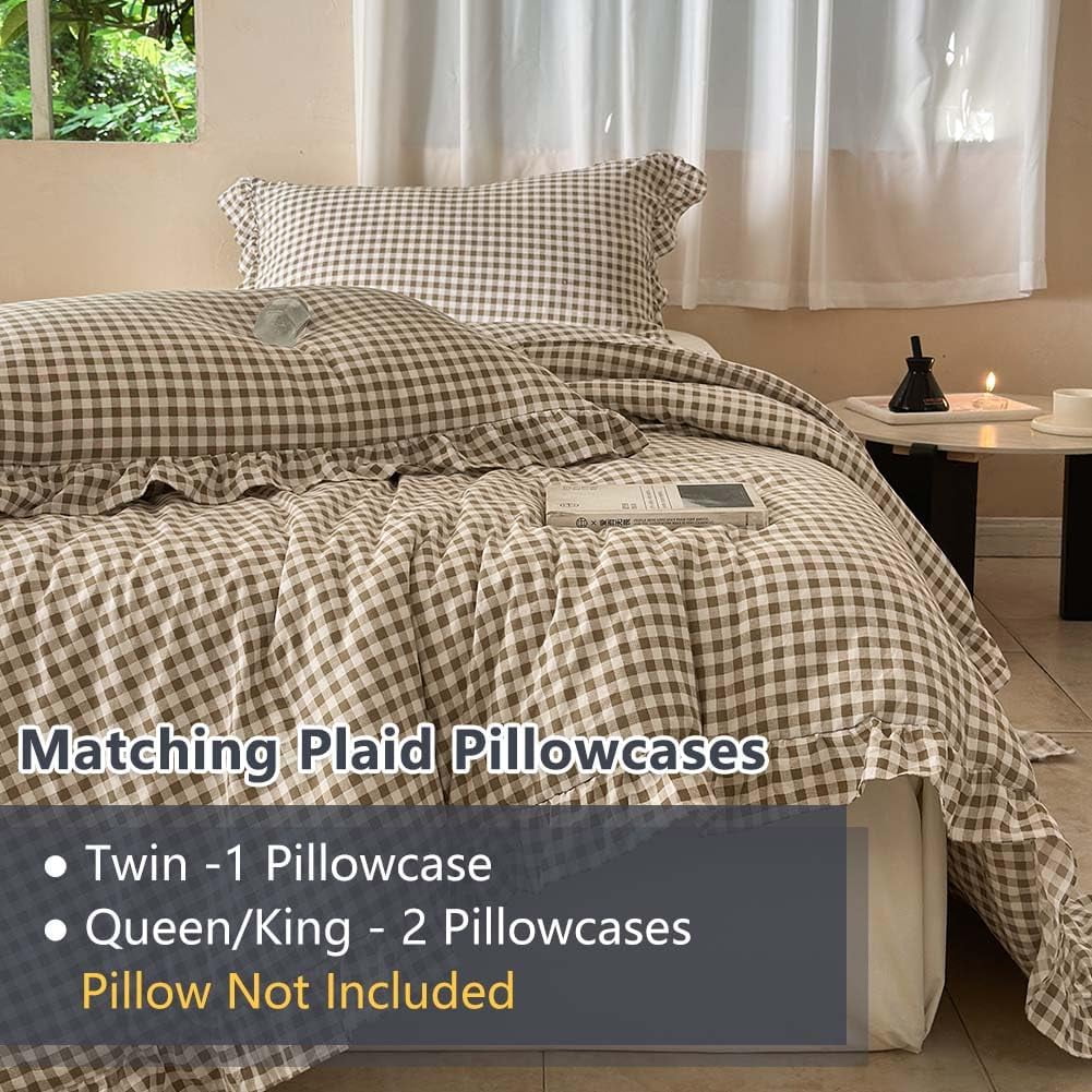 Tan Gingham Ruffle Queen Comforter Set, Taupe Ruffled Plaid Bedding Set, Ruffled Checked Bed Comforter 3 Pieces(Tan Gingham, Queen) - Image 4