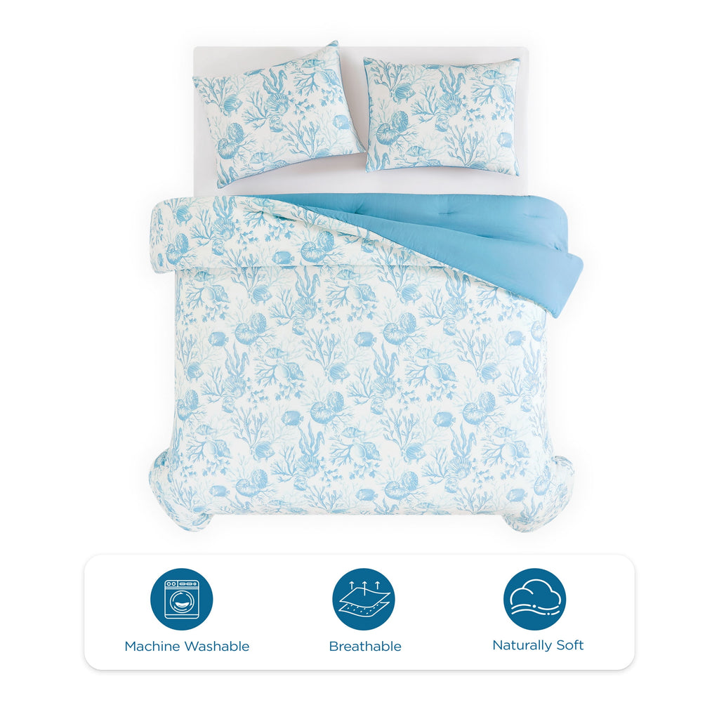 3-Piece Lightweight 100% Cotton Blue & White Ocean Print Comforter Set, Full/Queen - Image 3