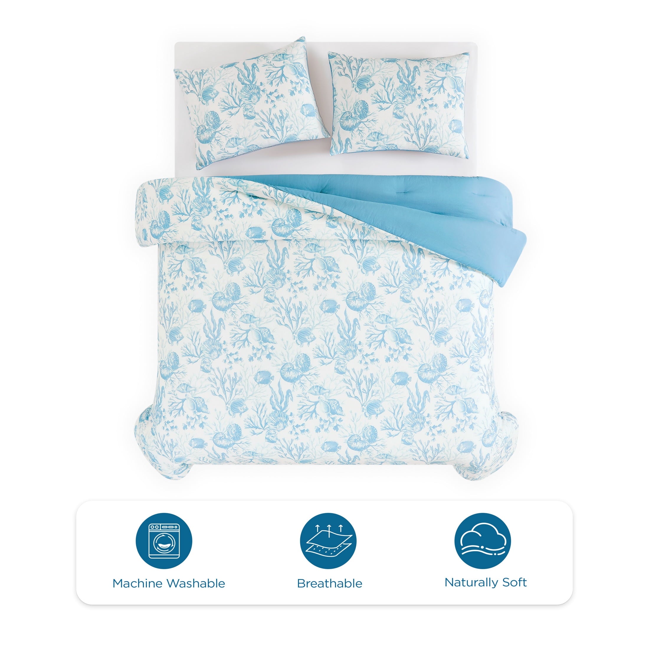 3-Piece Lightweight 100% Cotton Blue & White Ocean Print Comforter Set, Full/Queen - Image 3