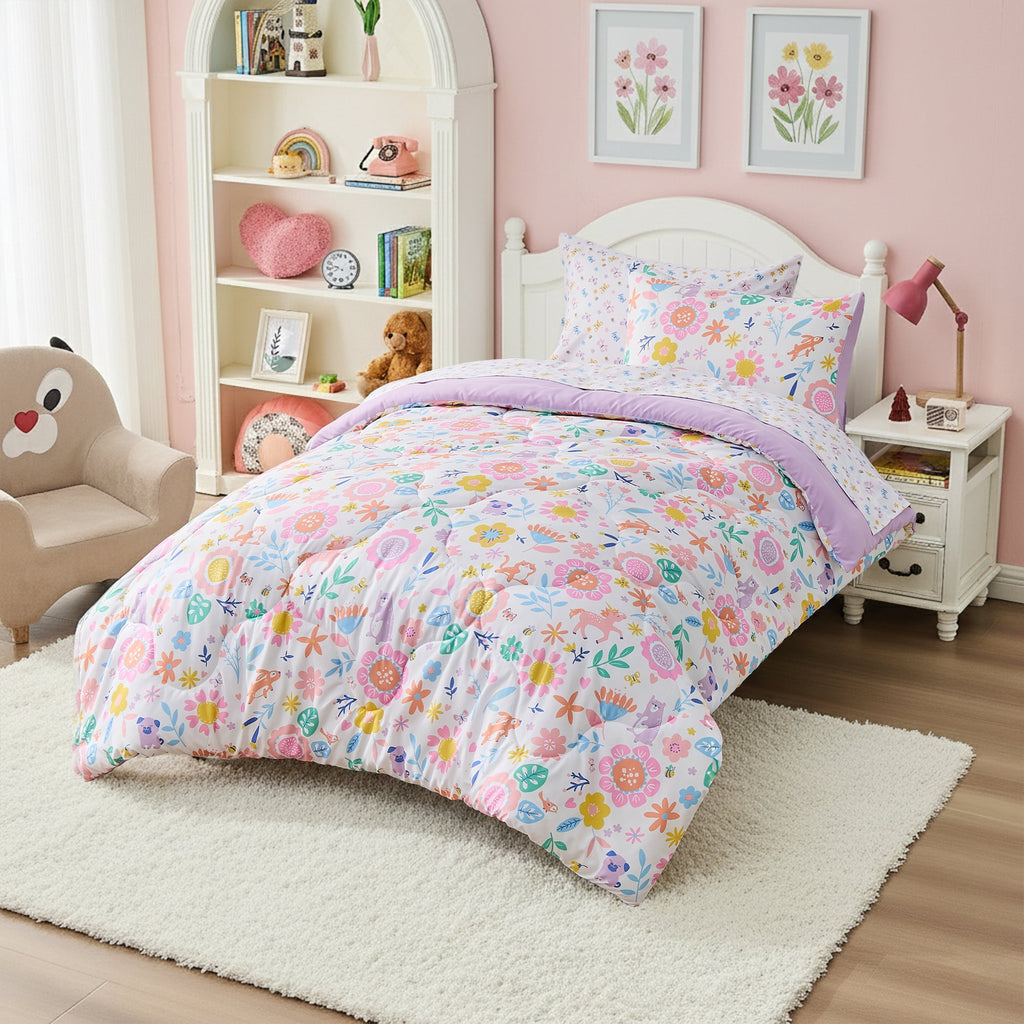 Floral Comforter Set, Soft Microfiber Flower Bedding Set, 5 Pieces with Comforter, Sheets and Pillowcases, Twin - Image 2