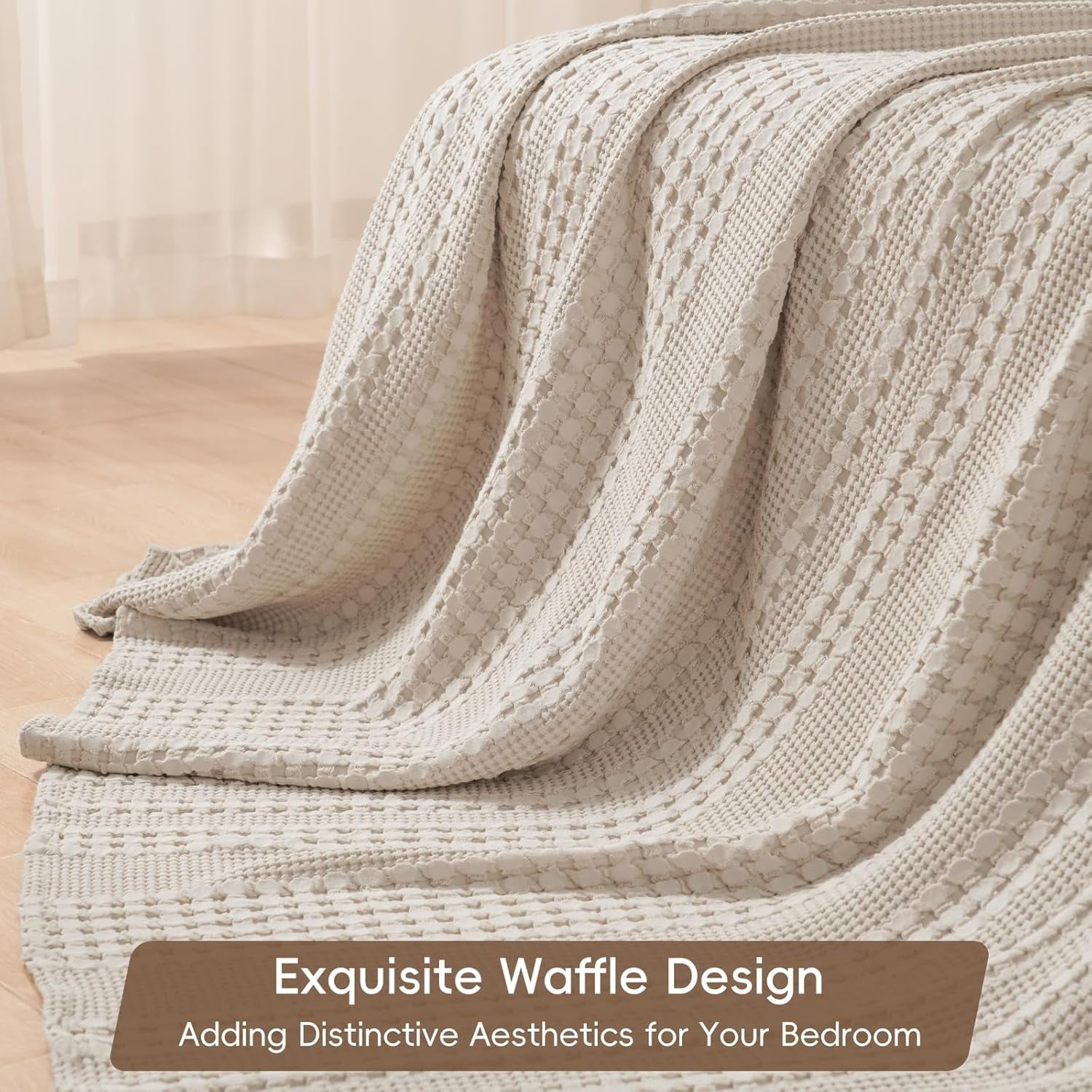 100% Cotton Waffle Weave Blanket, Lightweight Throw Washed Blanket for Bed Sofa Home Decor, Oatmeal, 50"x60" - Image 4