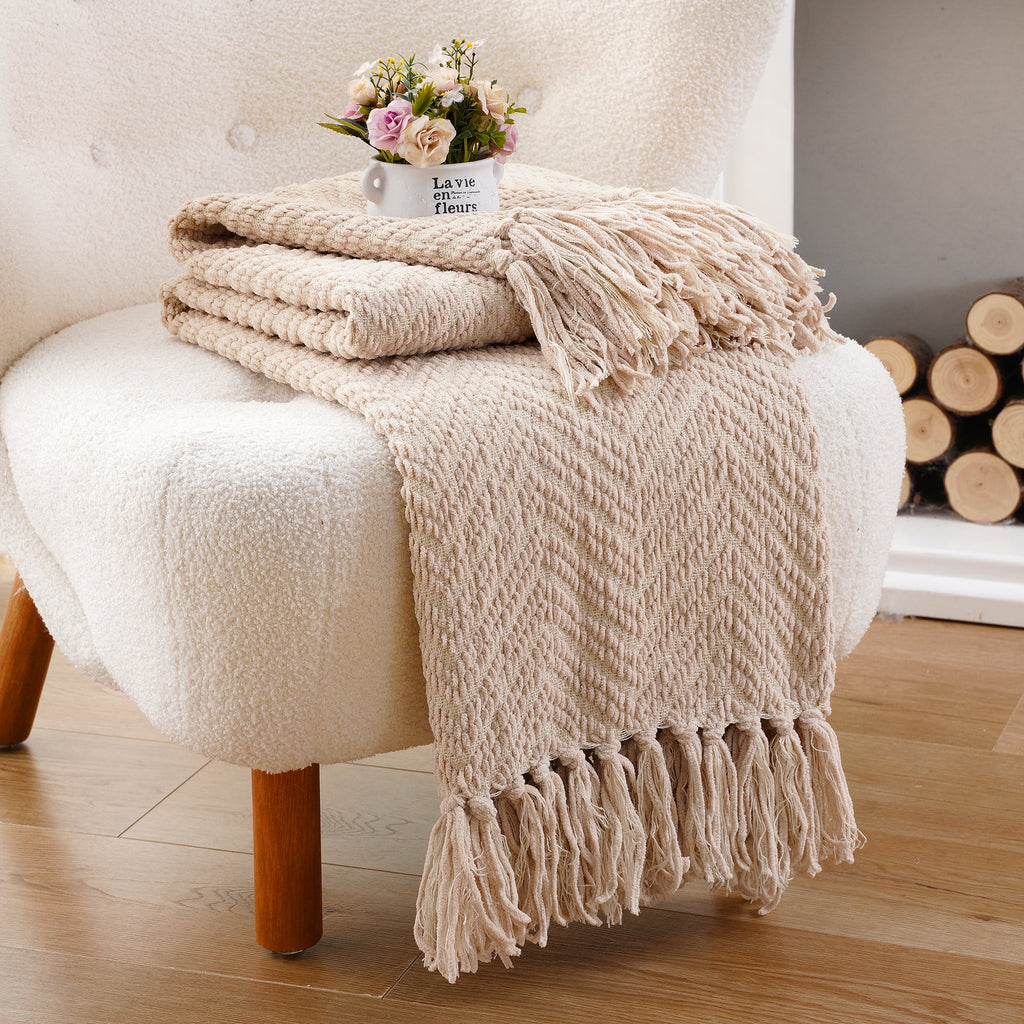 Beige Throw Blanket,Textured Knitted Tan Throws with Tassels,Neutral Sofa Bed Throws,50"x60" - Image 5