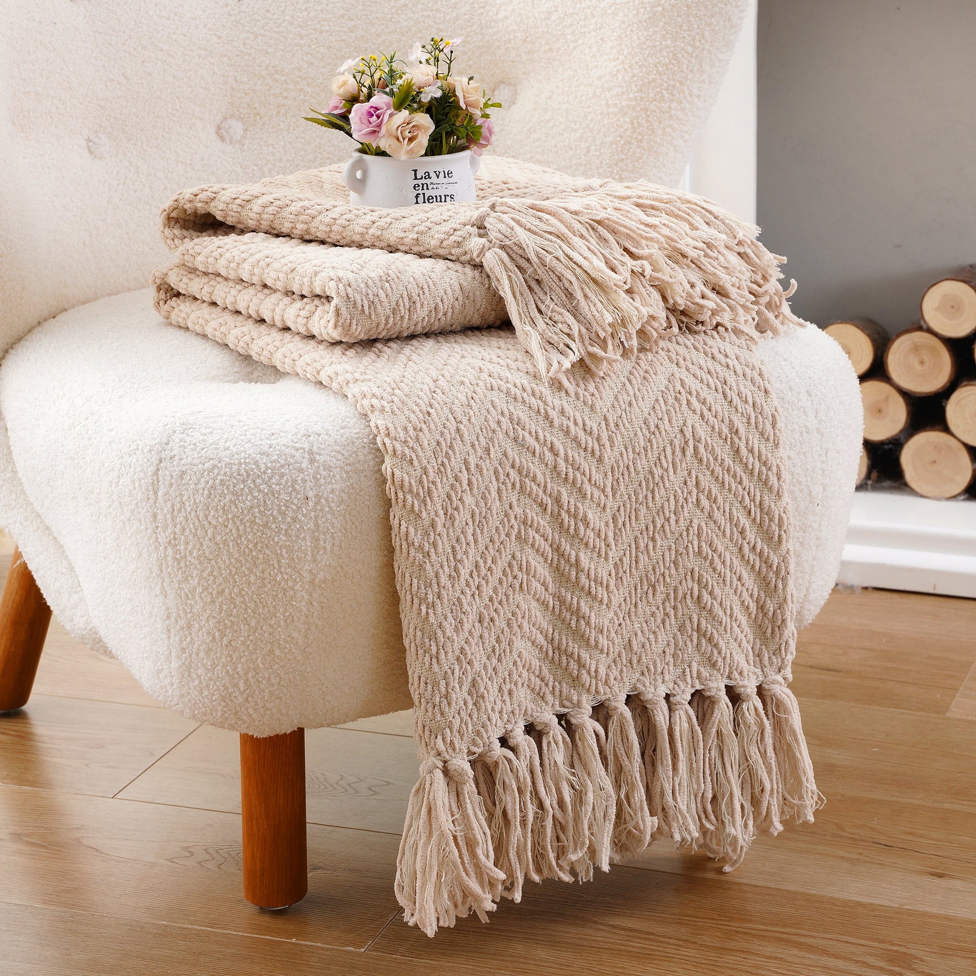 Beige Throw Blanket,Textured Knitted Tan Throws with Tassels,Neutral Sofa Bed Throws,50"x60" - Image 5
