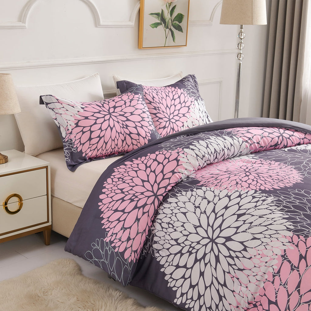 2 Pieces Pink Floral Comforter Set Twin Size, Botanical Bedding Sets with Cute Flowers Printing for Teen Girls - Image 3