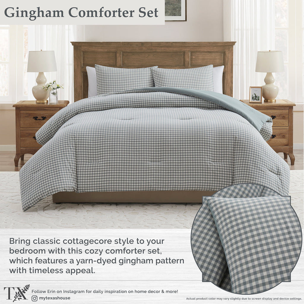 Full/Queen Comforter Set, All-Season, 3-Piece, Green Gingham Plaid - Image 6