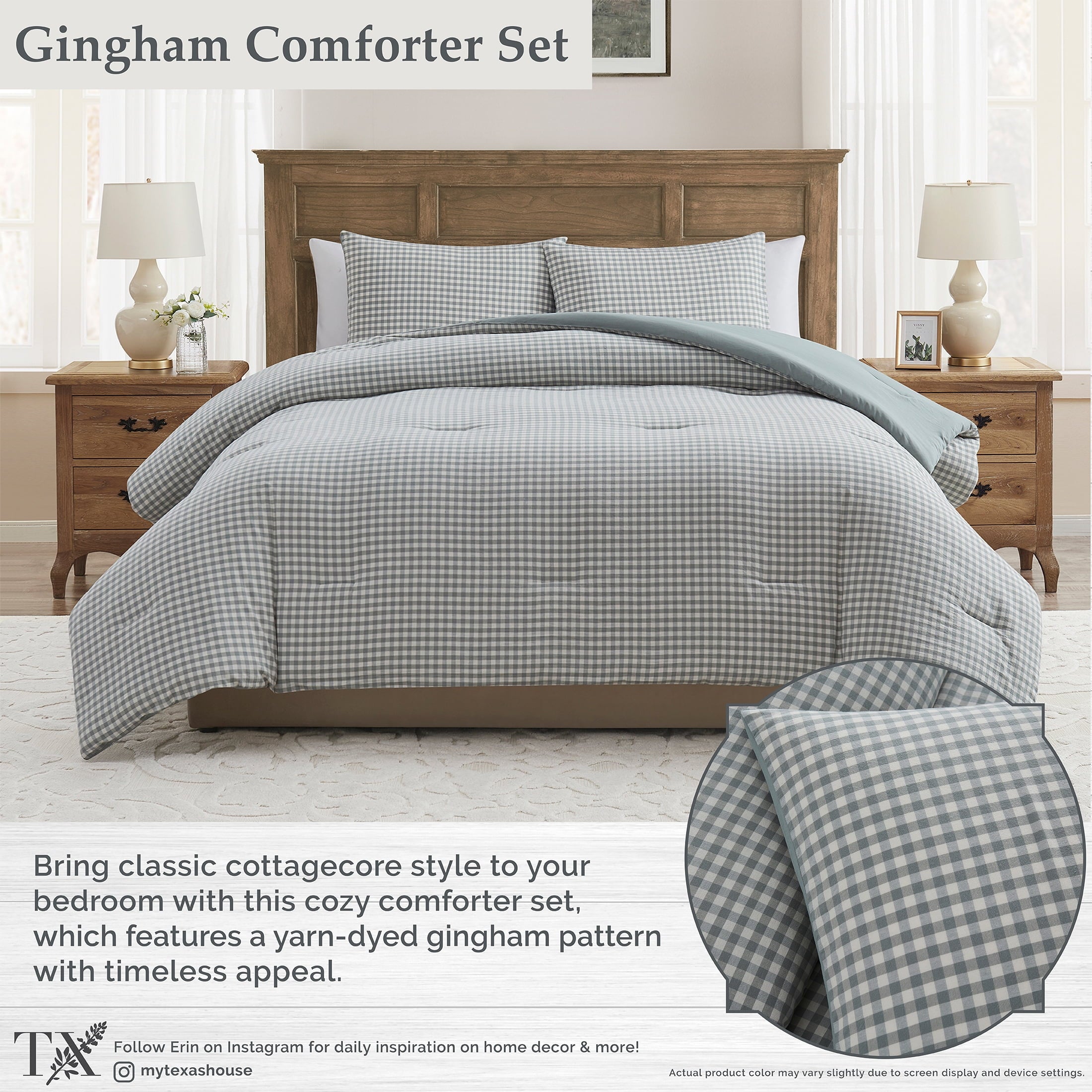 Full/Queen Comforter Set, All-Season, 3-Piece, Green Gingham Plaid - Image 6
