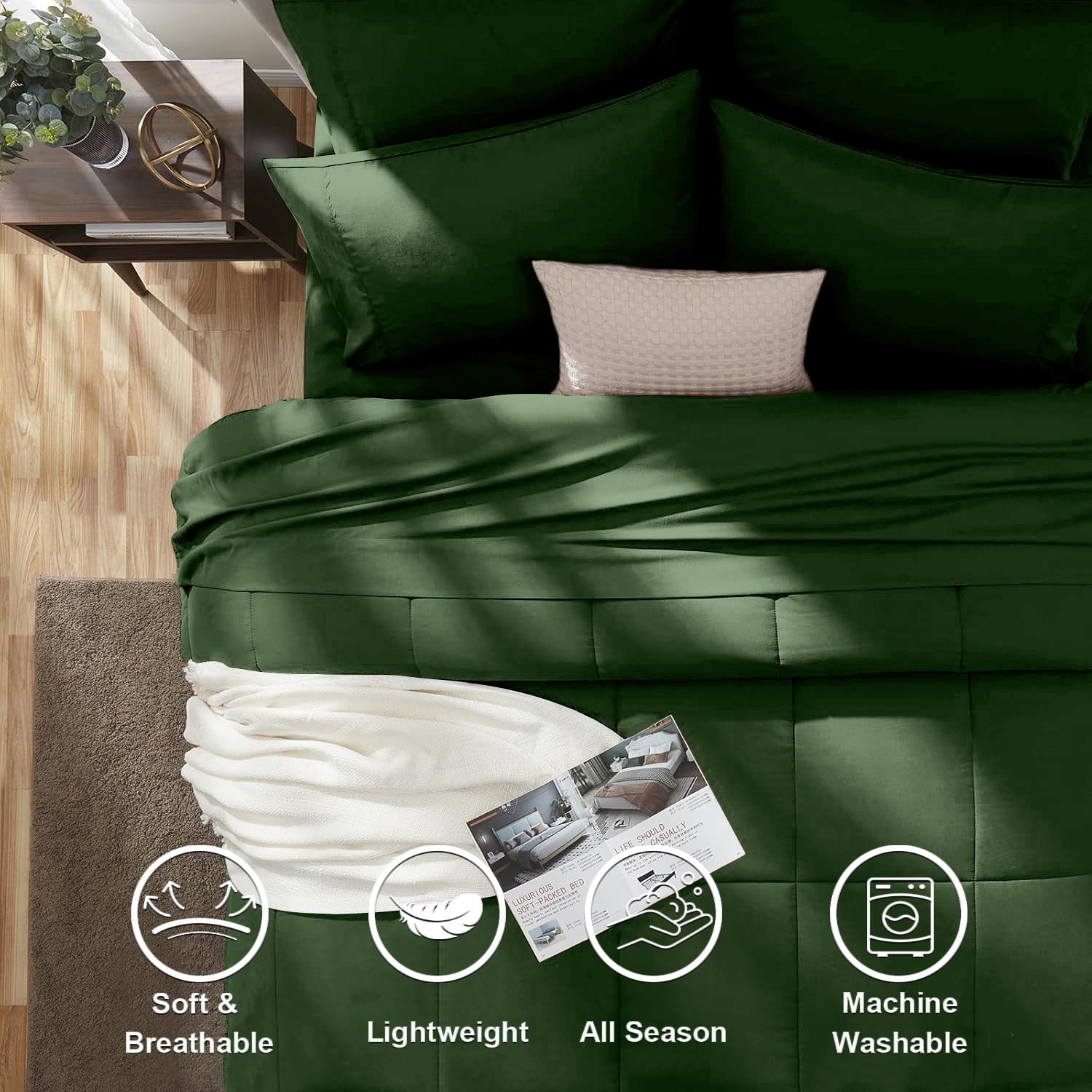 Flymme Queen Comforter Set Forest Green Bed in a Bag Queen Size 7 Pieces Soft Bed Set Lightweight Microfiber Green Bedding Comforter Set wit - Image 3