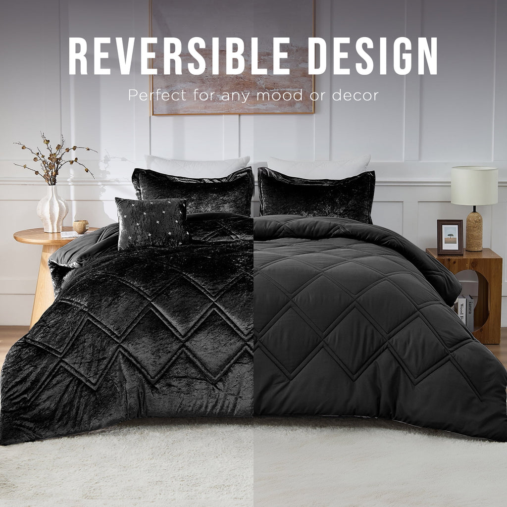 King/Cal King Size Comforter Sets, Velvet Bedding Comforter Set for All Seasons, Black Bedding Set with Decor Pillow - Image 2