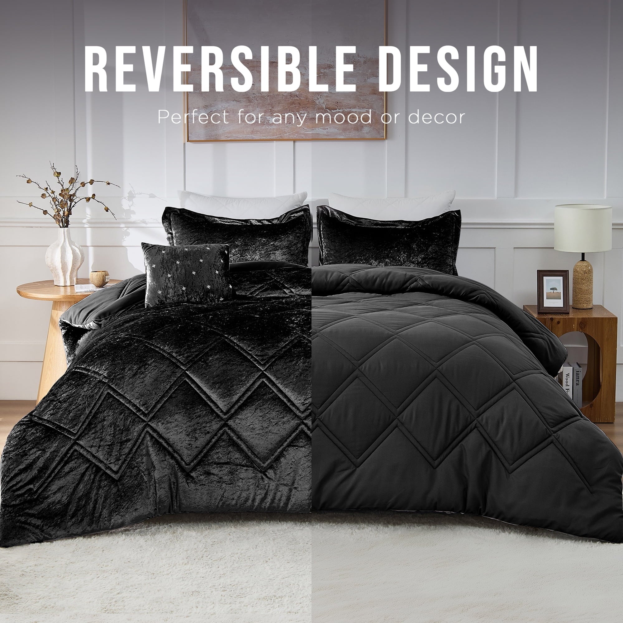 King/Cal King Size Comforter Sets, Velvet Bedding Comforter Set for All Seasons, Black Bedding Set with Decor Pillow - Image 2