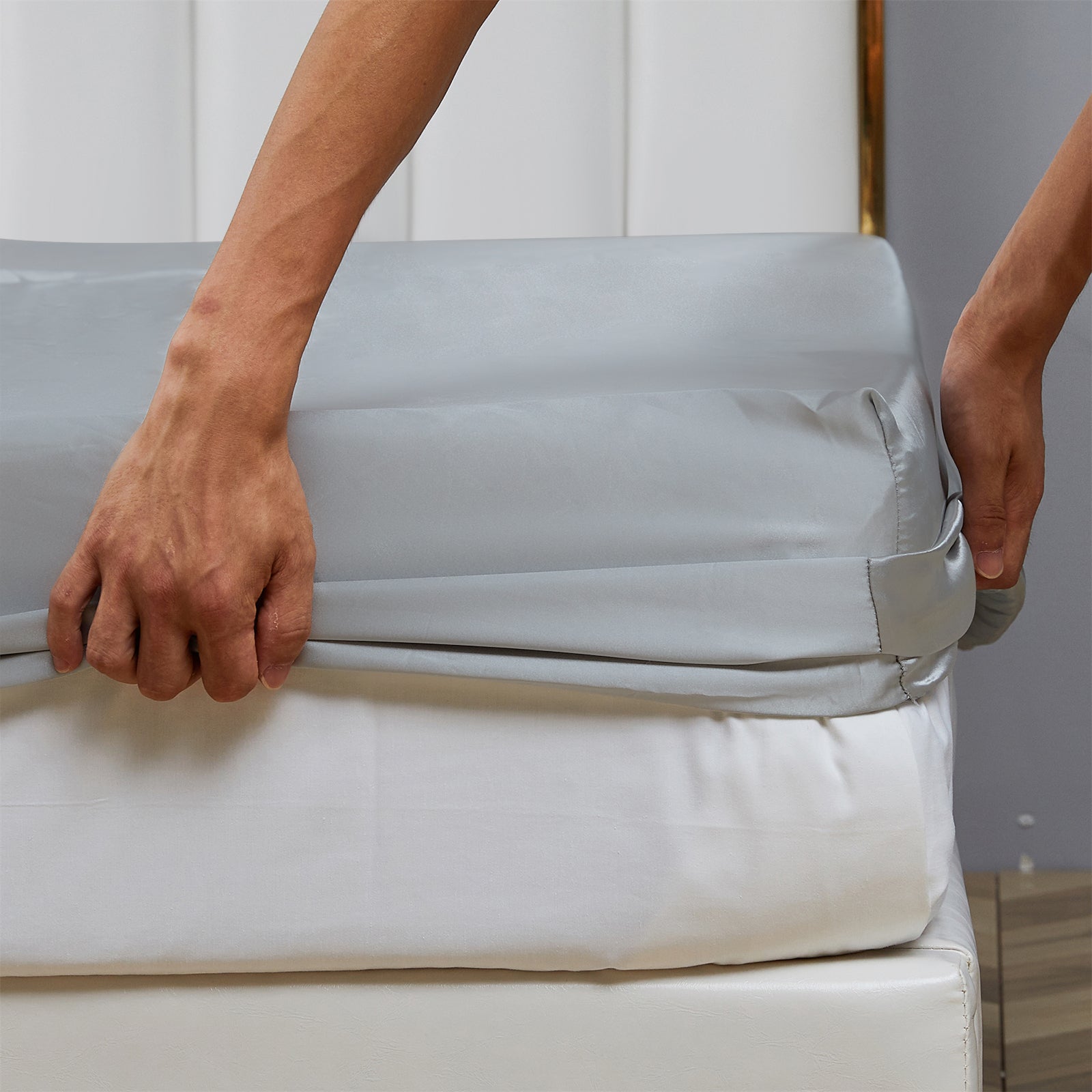 Satin Fitted Sheet King Size 14 Inch Deep Pocket Bed Sheet Silk Sheet Ultra Soft Machine Washable, Light Gray - Image 4