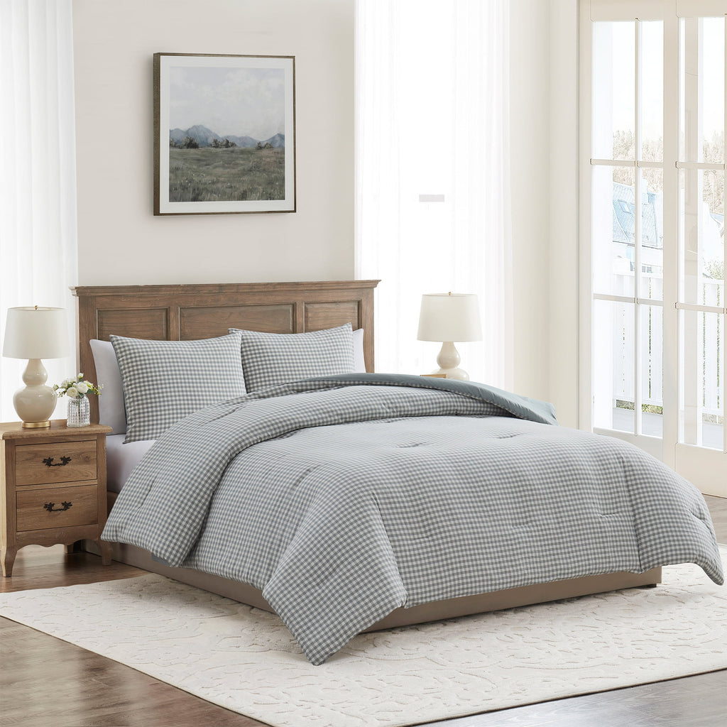 Full/Queen Comforter Set, All-Season, 3-Piece, Green Gingham Plaid - Image 2