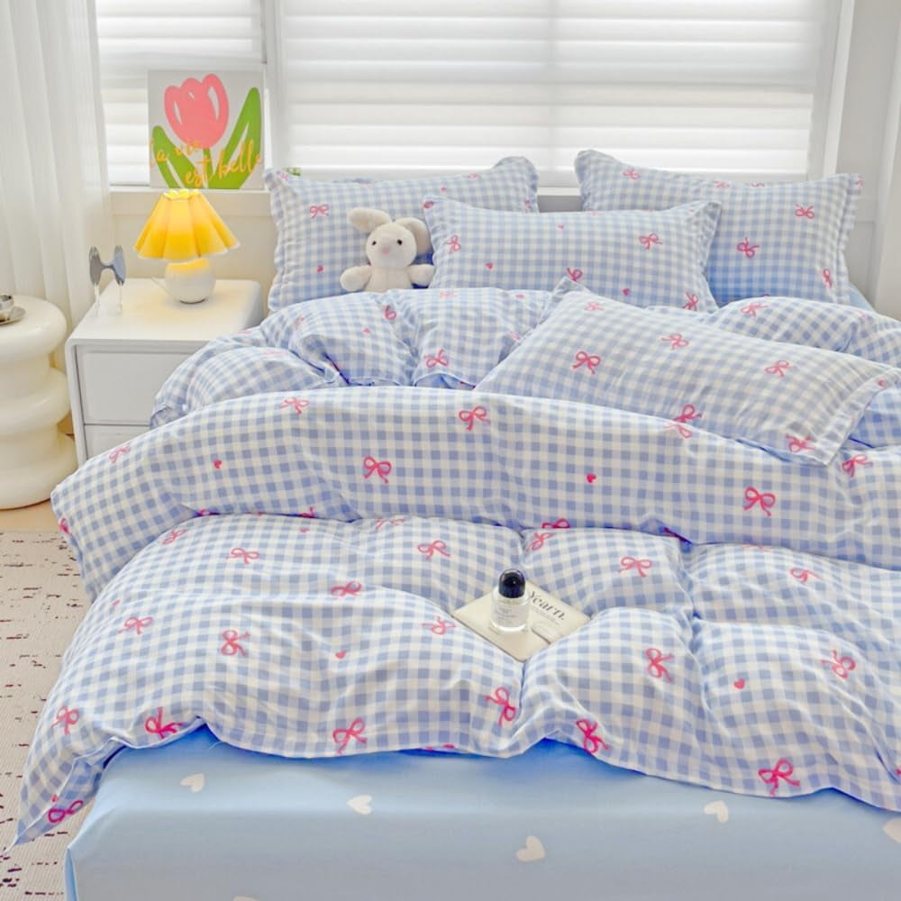 JOLUSERE 3-Piece Blue Plaid Pink Bows Comforter Full Set , Cute Soft Bedding Set for Kids Adults - Image 4