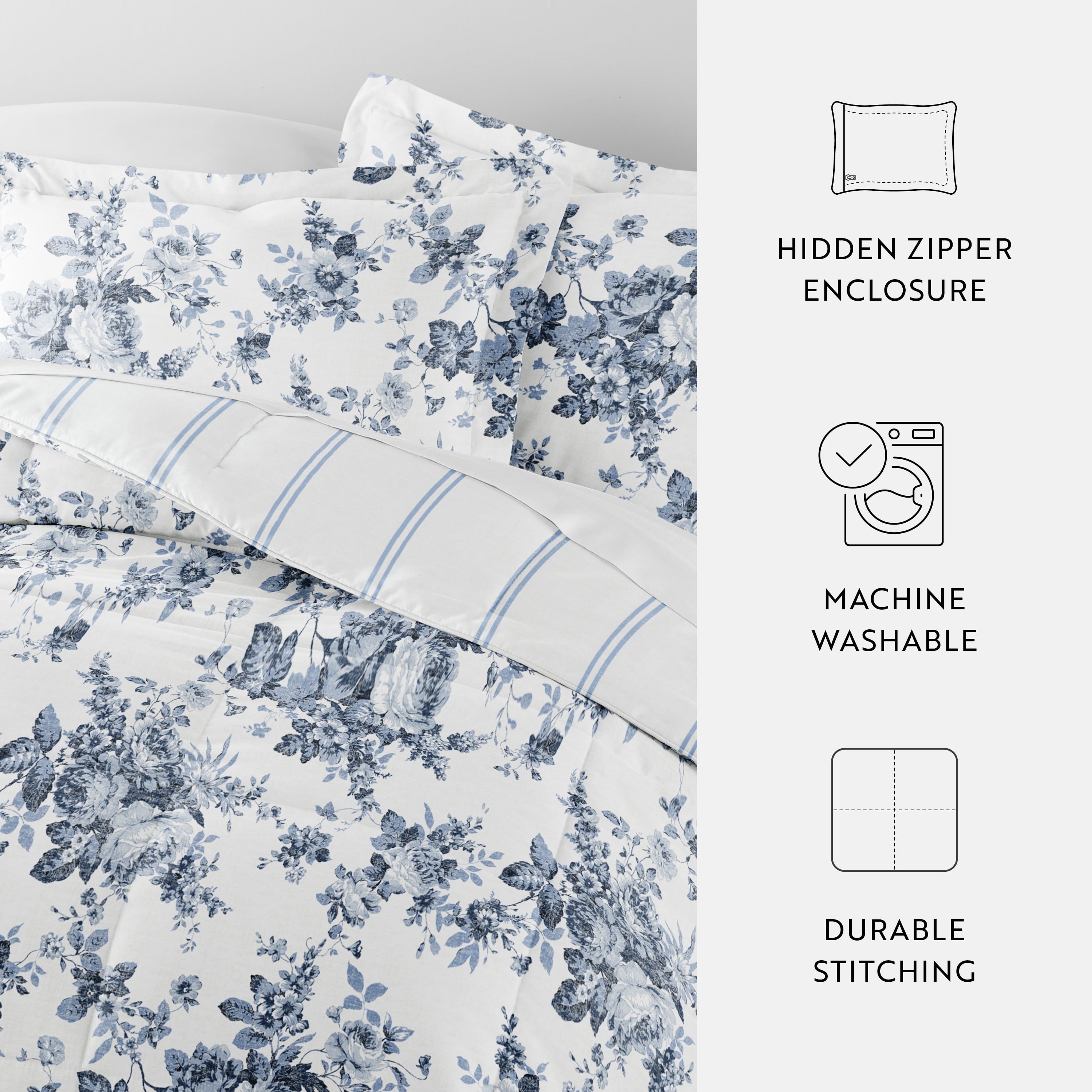 Noble Linens Down Alternative Cabbage Rose Stripe Stone Reversible Comforter Set - Image 3