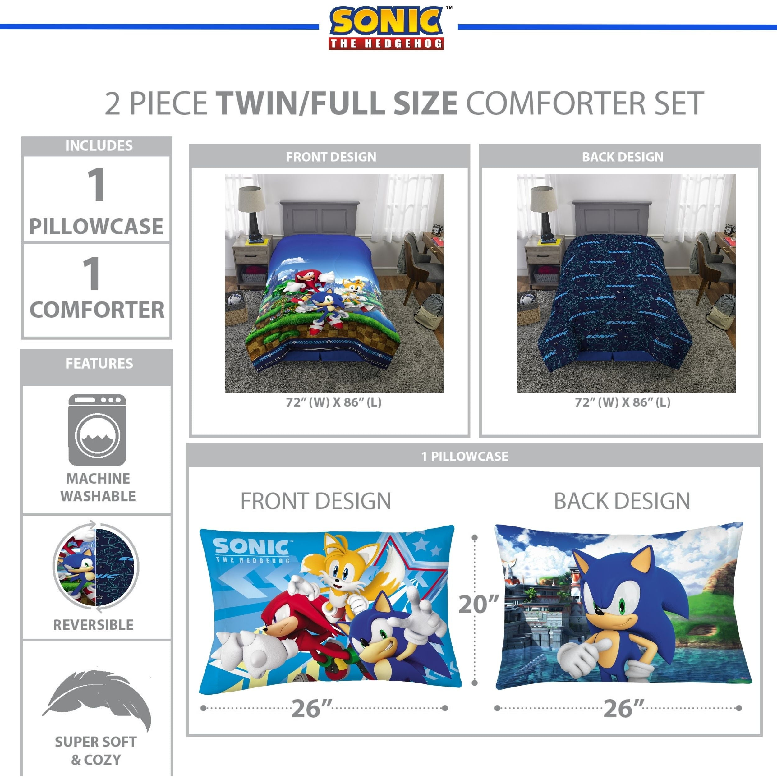Sonic the Hedgehog Kids 2 Piece Blue Green Reversible Comforter and Pillowcase set, Twin/full - Image 6