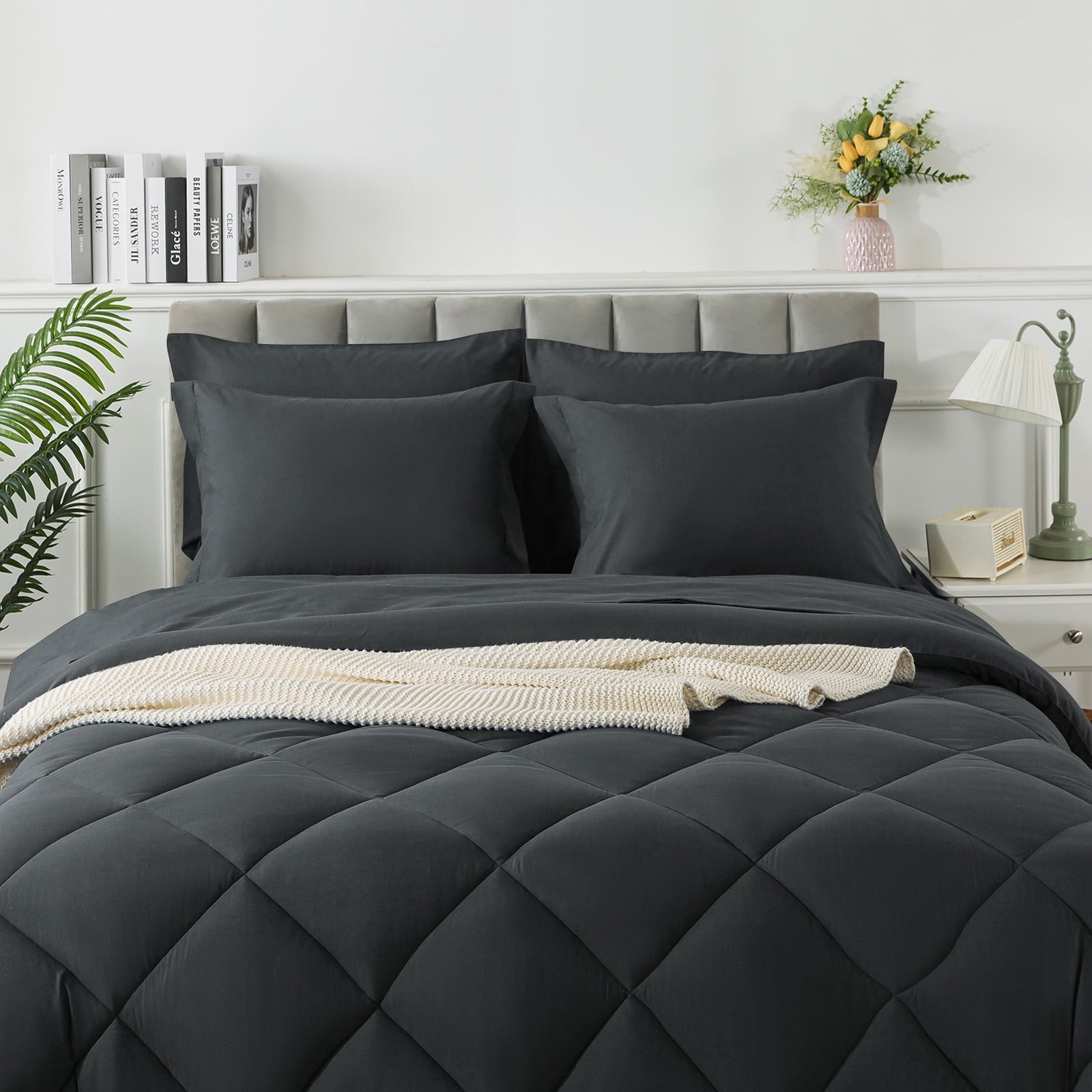 Queen Bed in a Bag Comforter Set with 7 Pieces - Dark Gray All Season Bedding Sets with Comforter, Pillow Shams, Flat... - Image 6