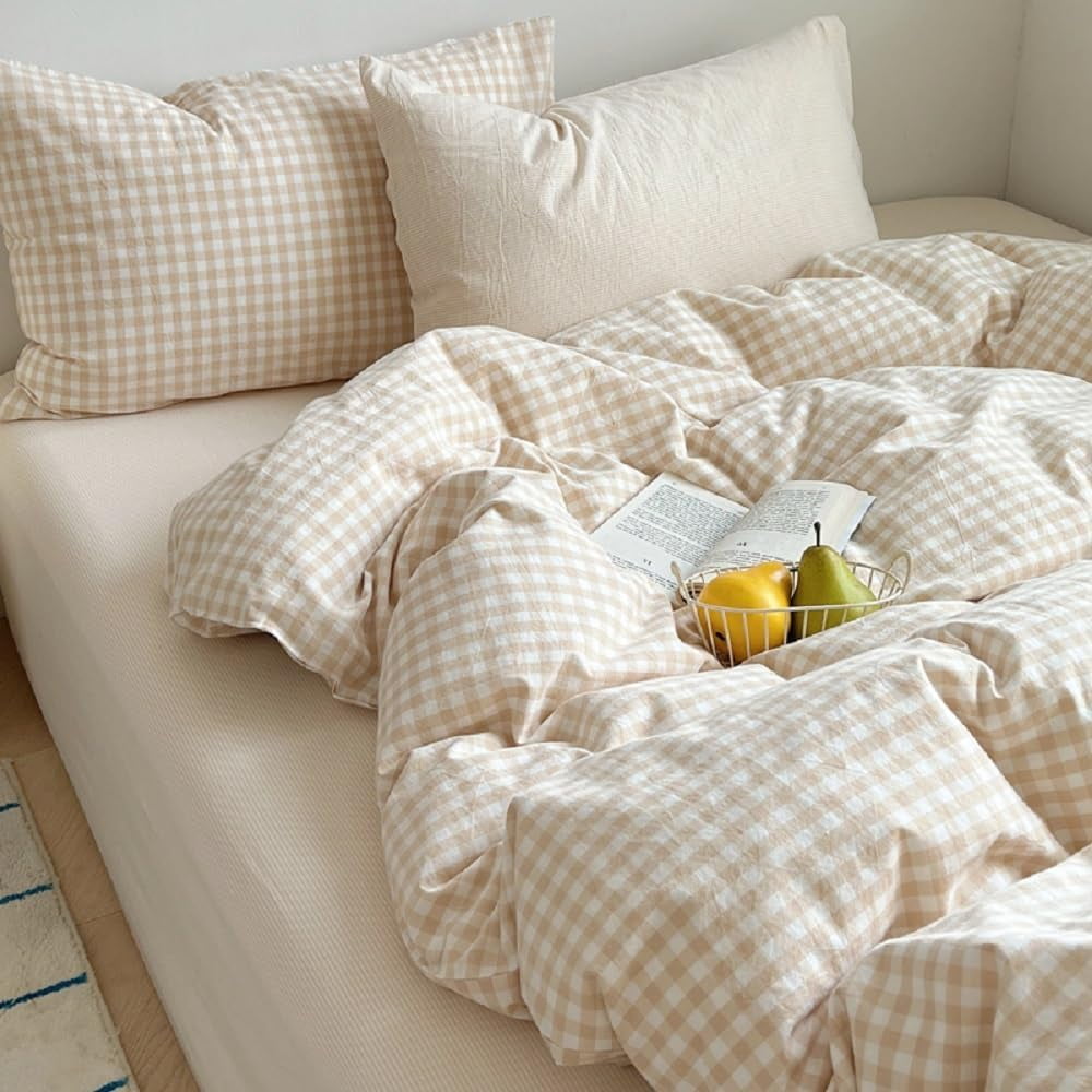 JOLUSERE Soft Beige White Plaid Comforter Twin Sets, 2 Pieces Breathable Plaid Buffalo Checkered Comforter for All Season - Image 2