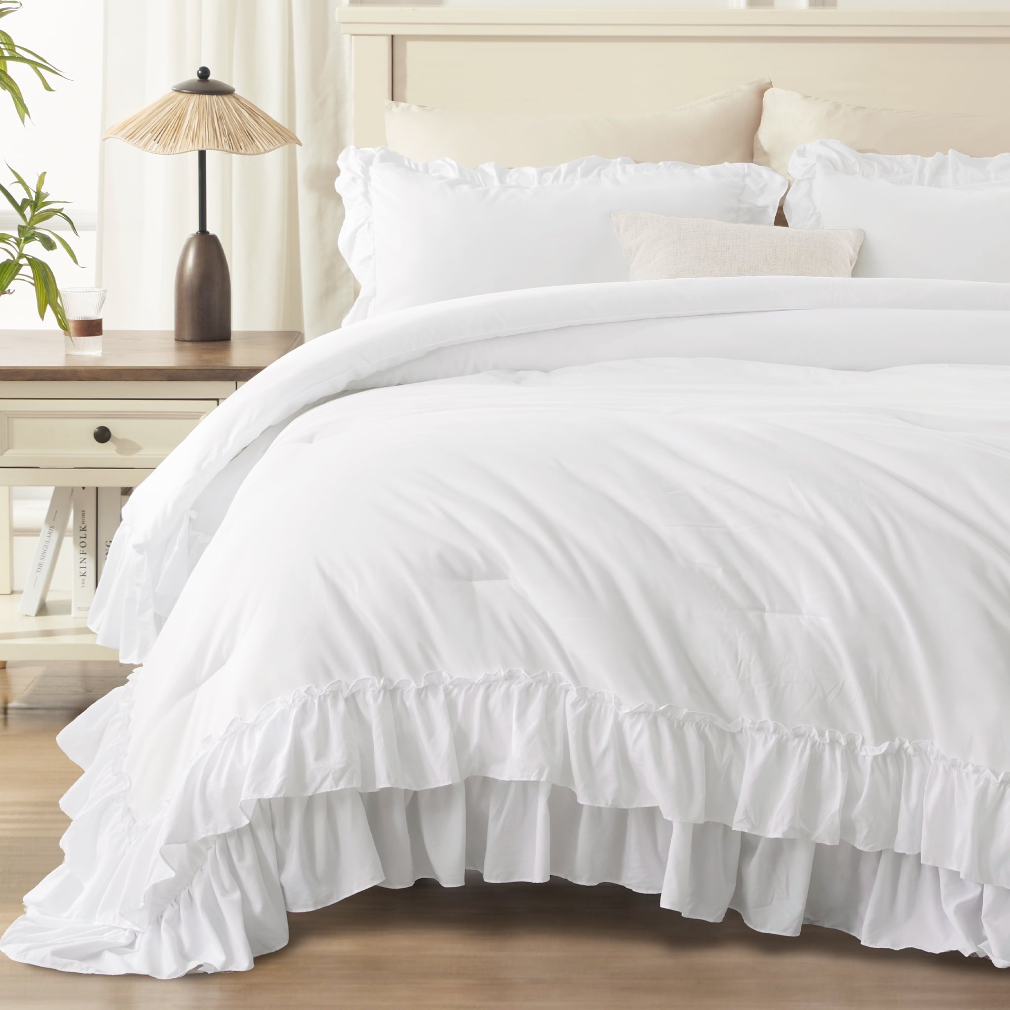 Queen Comforter Set White - 3 Pieces Soft Fluffy Ruffle Bedding Comforter Sets for Queen Bed, All Season Farmhouse Li... - Image 5