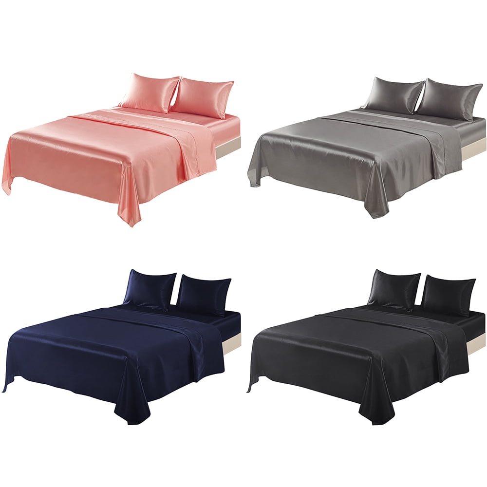 Twin Silk Gray Bed Sheet Set Deep Pocket Bed Flat Fitted Sheet, 3-Pieces - Image 3