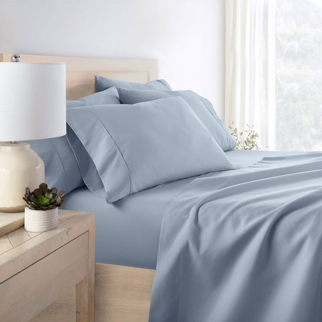 Queen, Light Blue Solid Microfiber 6 Piece Bed Sheet Set - Image 3