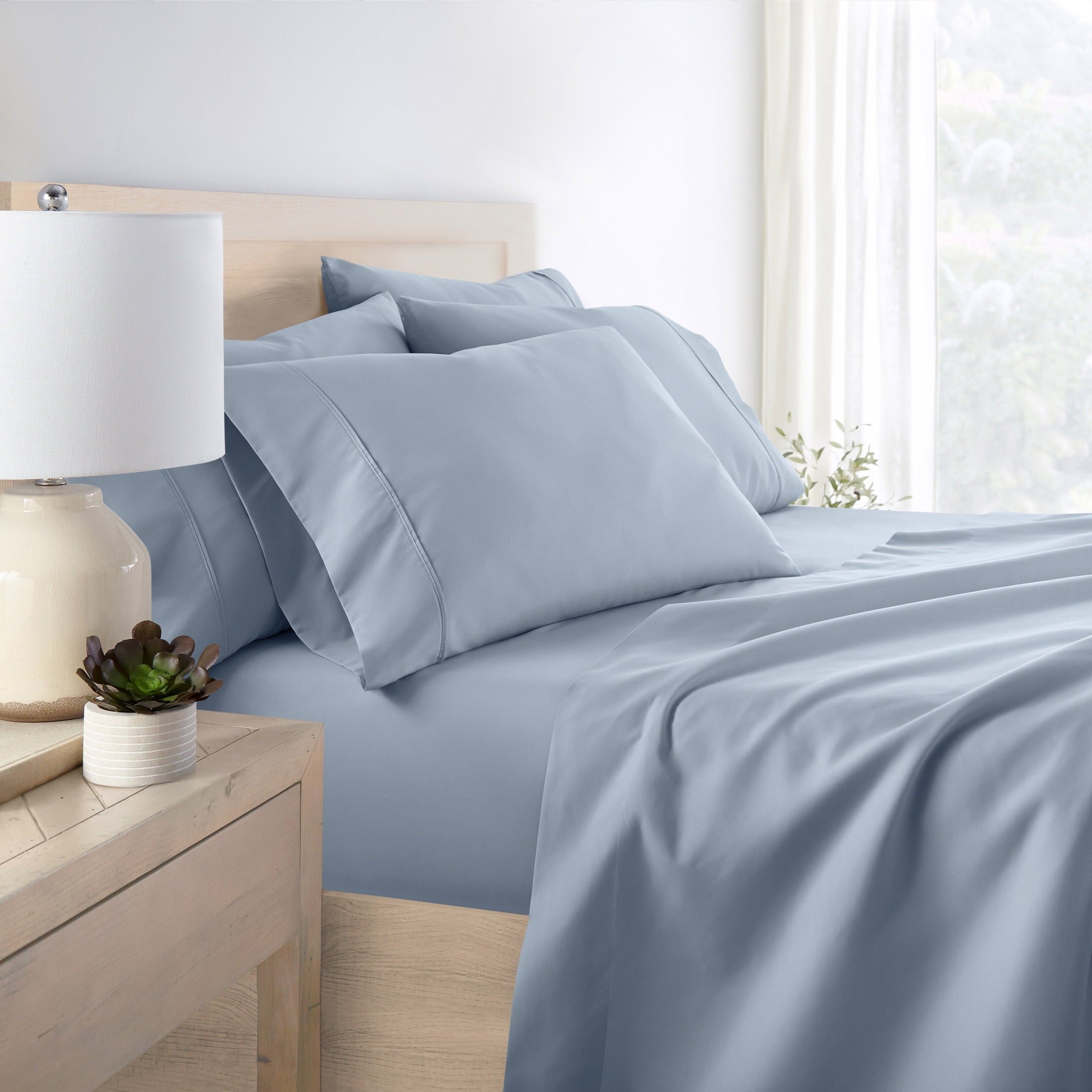 Queen, Light Blue Solid Microfiber 6 Piece Bed Sheet Set - Image 3