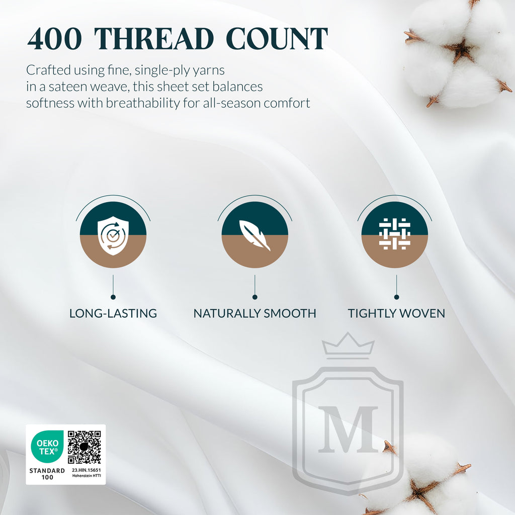 Máulli Collection 100% Cotton Sheets For Queen Size Bed - Luxury 400 Thread Count Queen Sheet Set, 4 Piece Sateen Weave Queen White Cotton S - Image 2