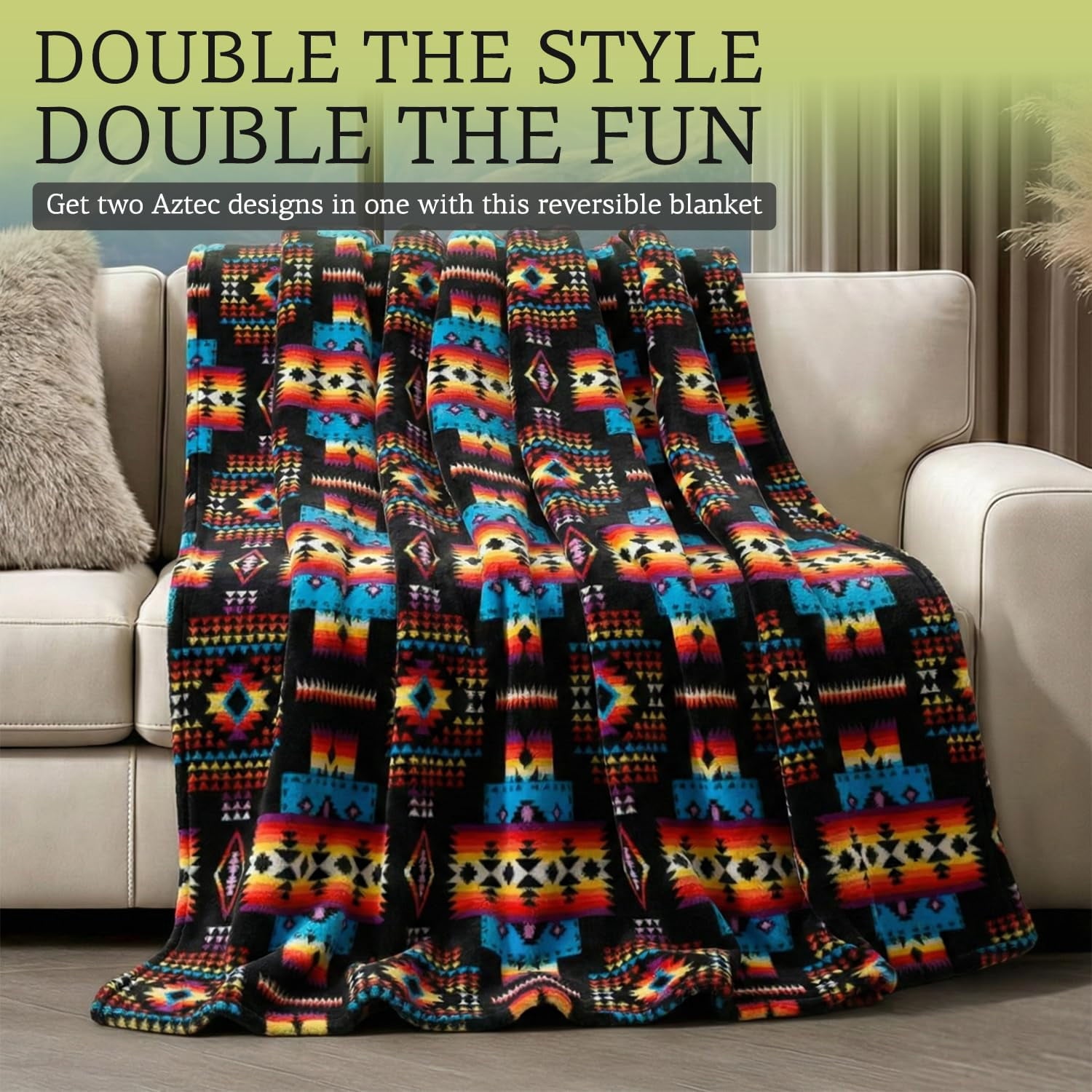 Sacred Thread Fleece Blanket South Western, Reversible Mexican, Vibrant Aztec Blankets and Throws for Aztec Decor for Home (Lake Flannel / F - Image 2