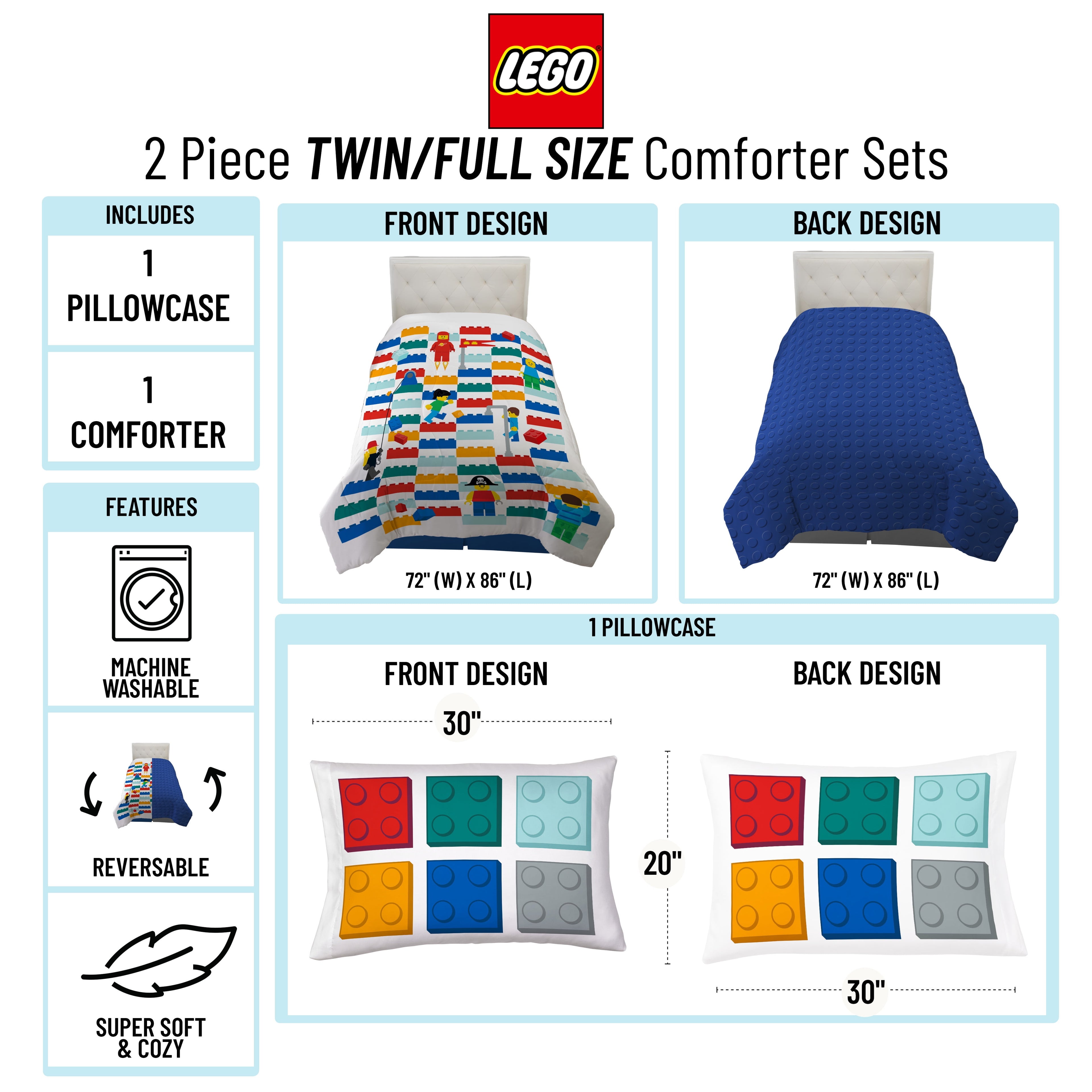 LEGO Kids 2 Piece Multicolor Reversible Comforter and Pillowcase Bedding Set, Twin/Full - Image 3