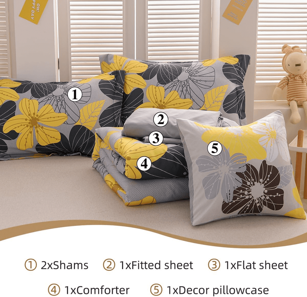 Yellow Floral Comforter Set Queen Flower Bed Set Adult Soft Botanical Boho Bedding Set - Image 3