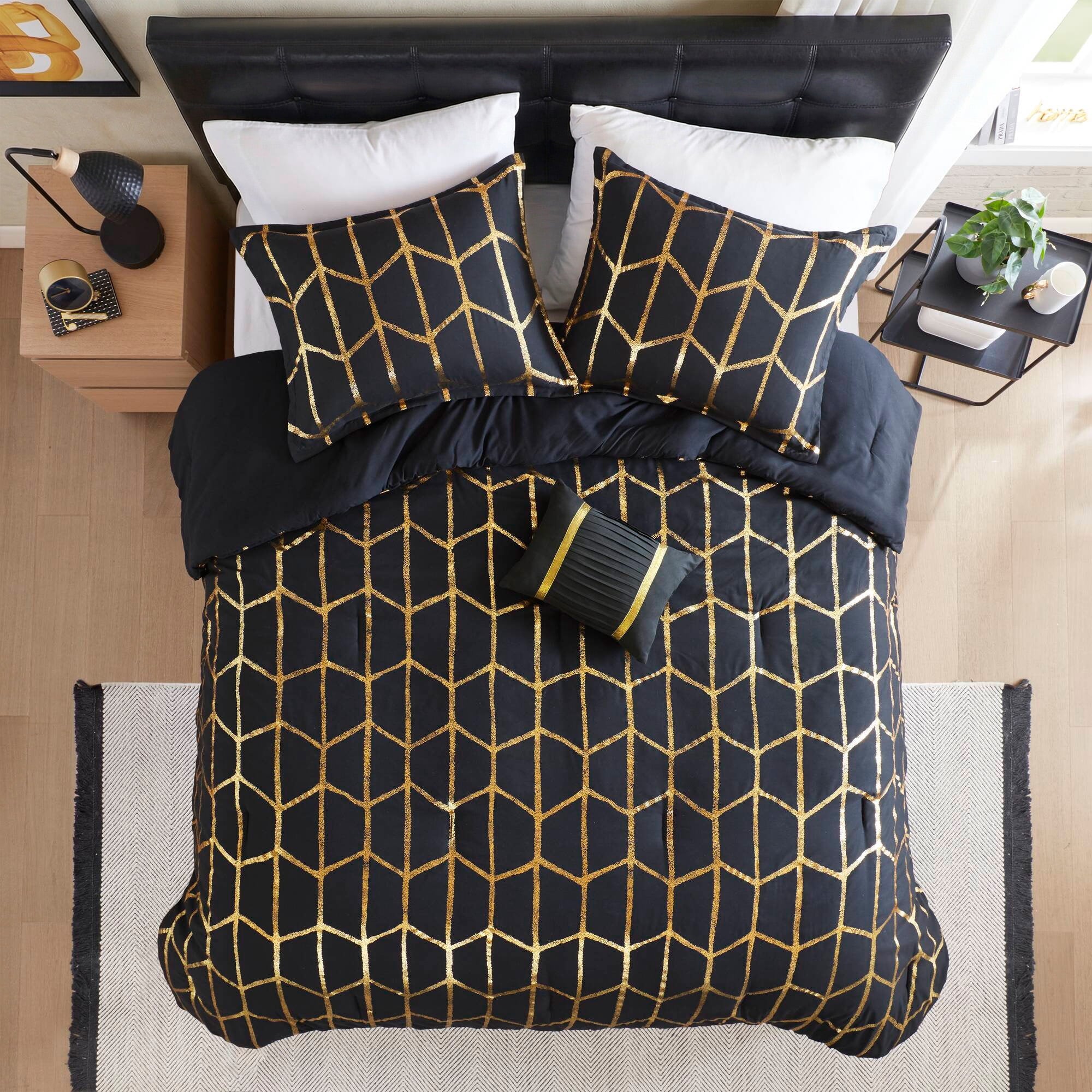 Full/Queen Size Comforter Set, 4-Piece Bedding Set for All Seasons, Geometric Metallic Comforter Bed Set with Decor P... - Image 6