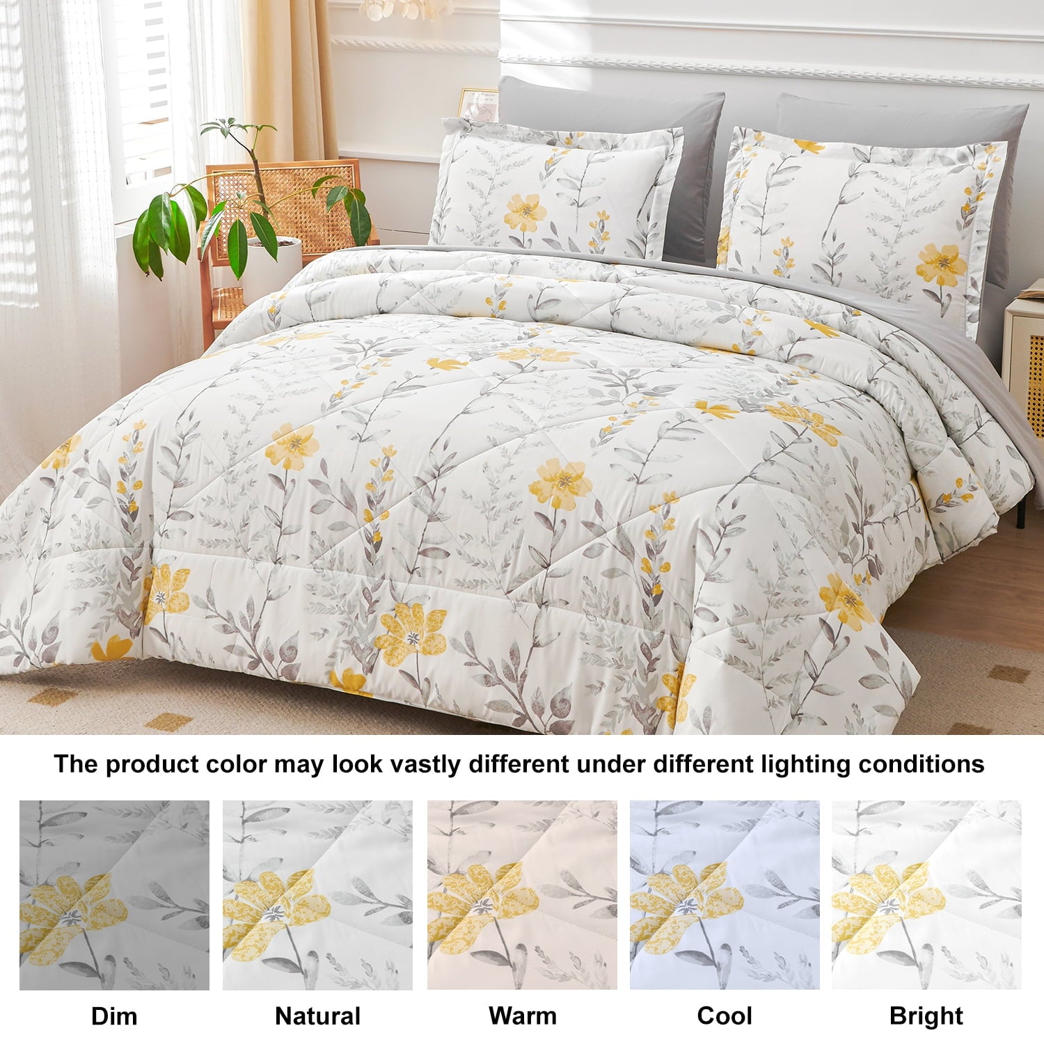 Jessy Home 3 Piece Comforter Set Queen Yellow Floral Quilt Microfiber Patchwork Bedspread - Image 2