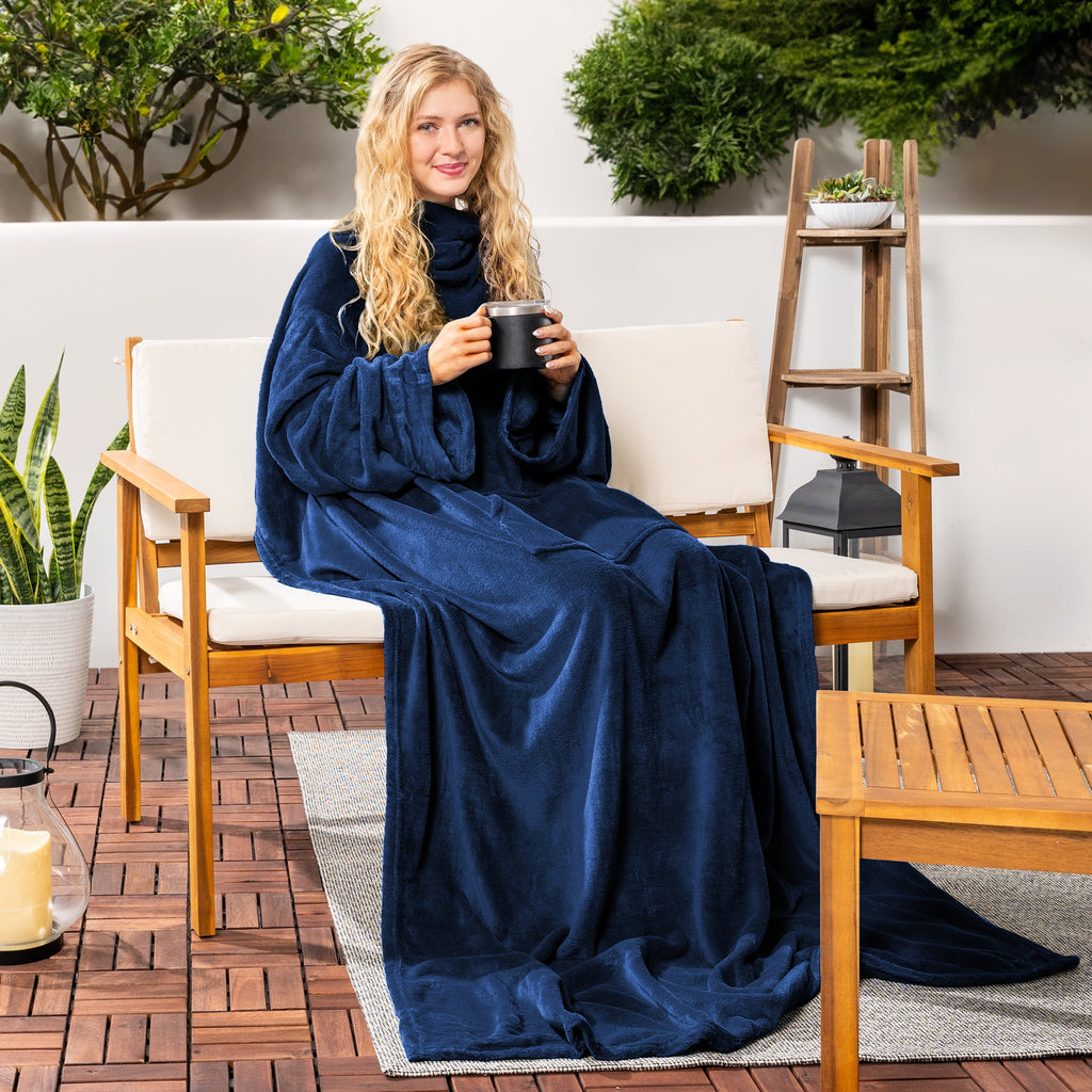 Navy Blue Fleece Wearable Blanket with Sleeves for Adults Women Men, Soft Warm Full Body Wrap Throw, Sweatshirt Pocke... - Image 6