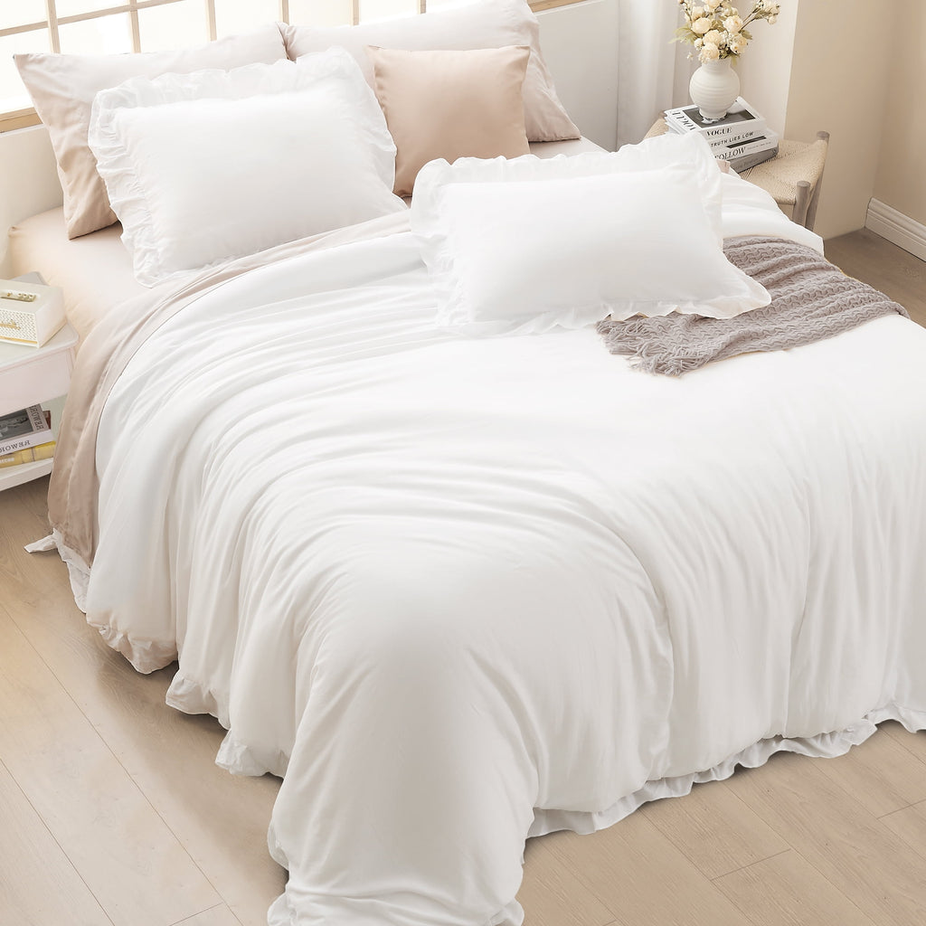 Queen Comforter Set White, 3 Pieces Soft Fluffy Farmhouse Ruffle Bedding Comforter Sets for Queen Bed, All Season Lig... - Image 4