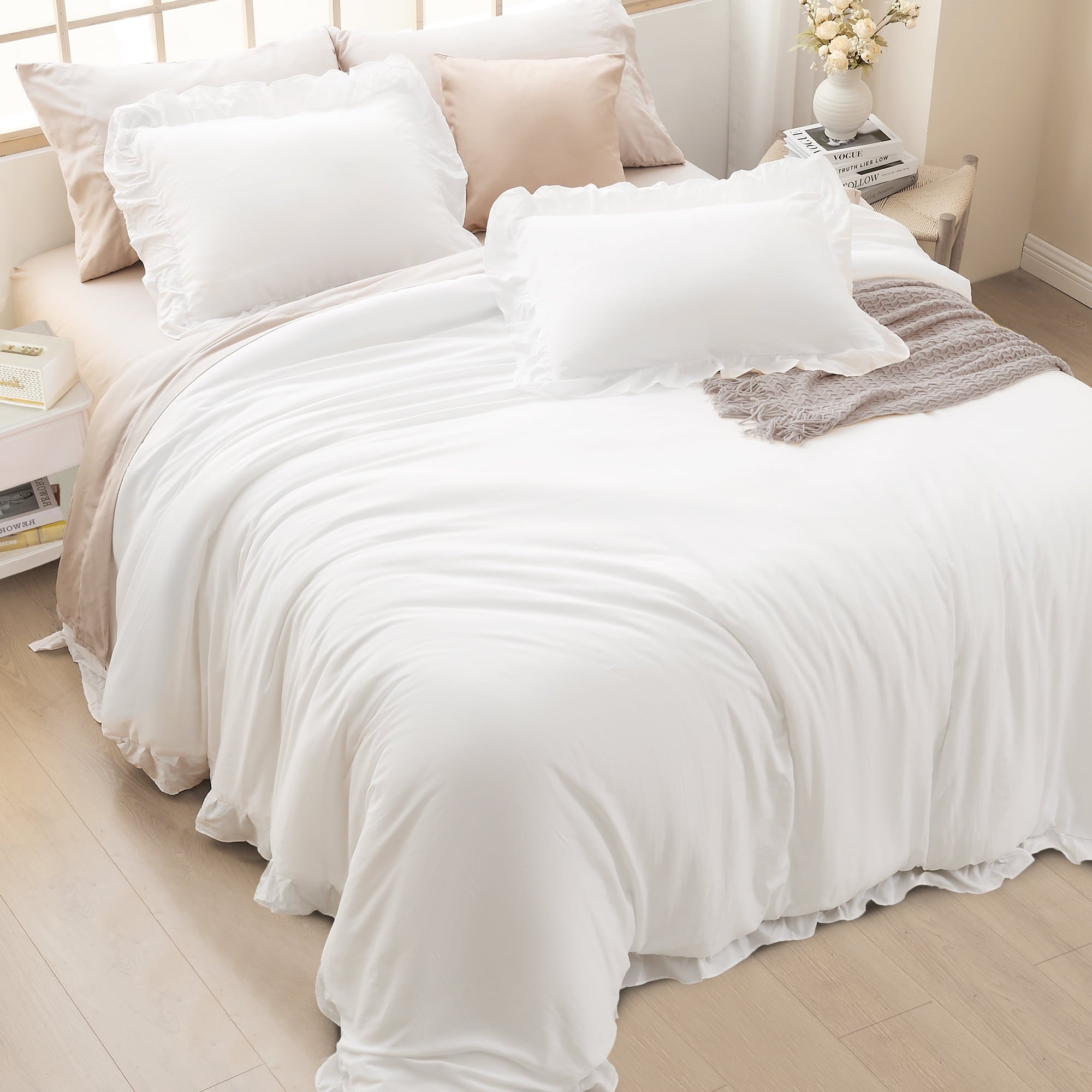Queen Comforter Set White, 3 Pieces Soft Fluffy Farmhouse Ruffle Bedding Comforter Sets for Queen Bed, All Season Lig... - Image 4