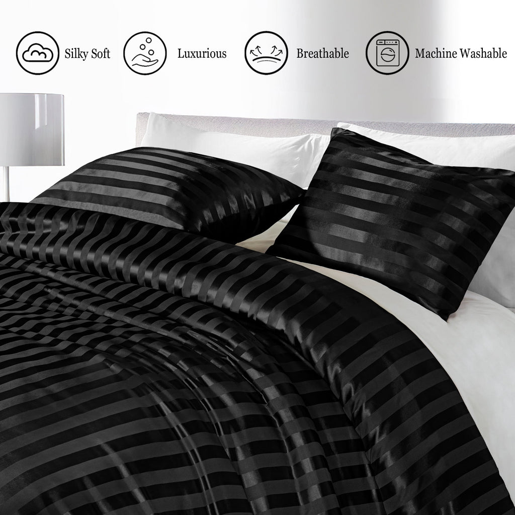 3-Piece Reversible Silky Soft King Size Comforter Set, Luxury Stripe Satin Oversized Comforter Bedding Set with 2 Sat... - Image 6
