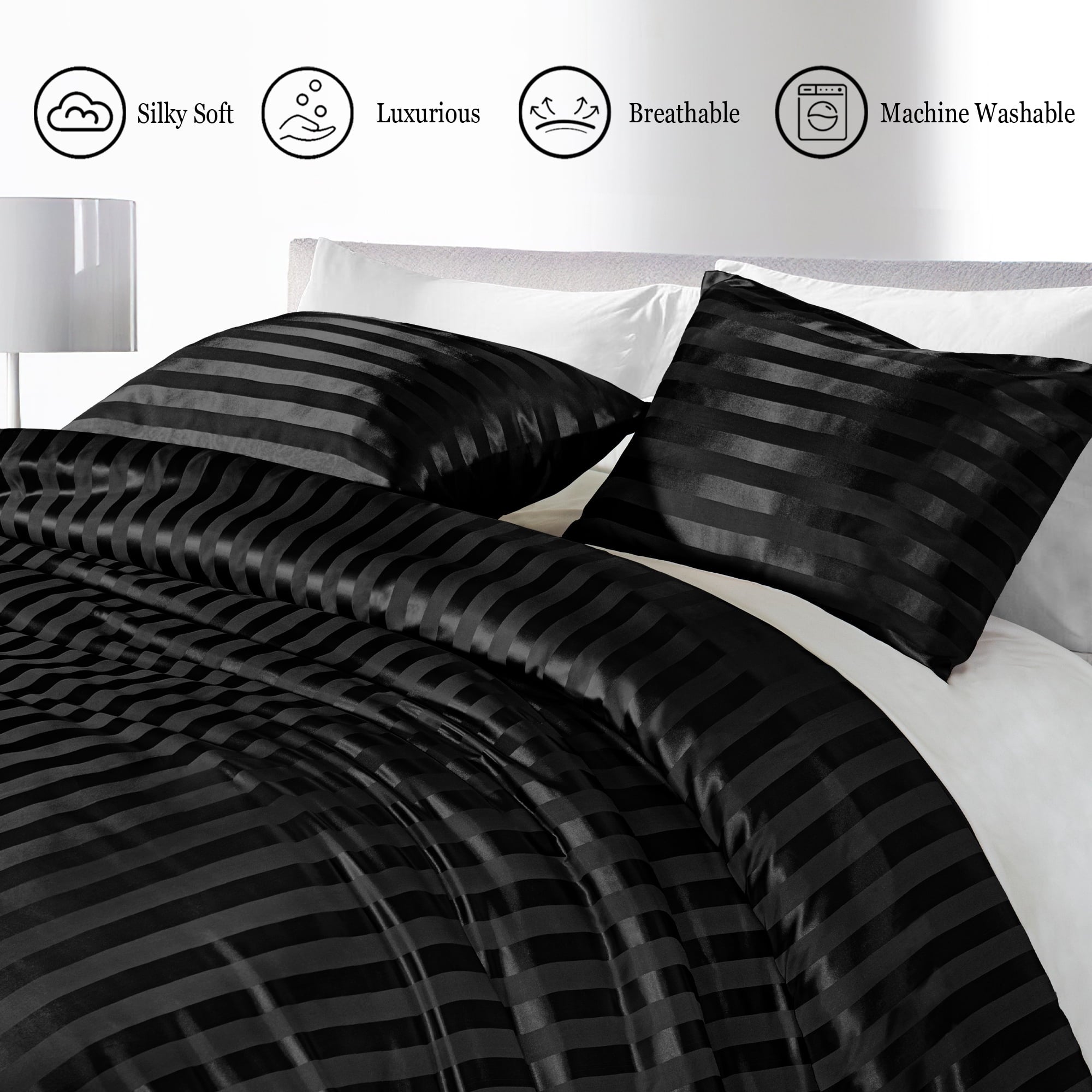 3-Piece Reversible Silky Soft King Size Comforter Set, Luxury Stripe Satin Oversized Comforter Bedding Set with 2 Sat... - Image 6