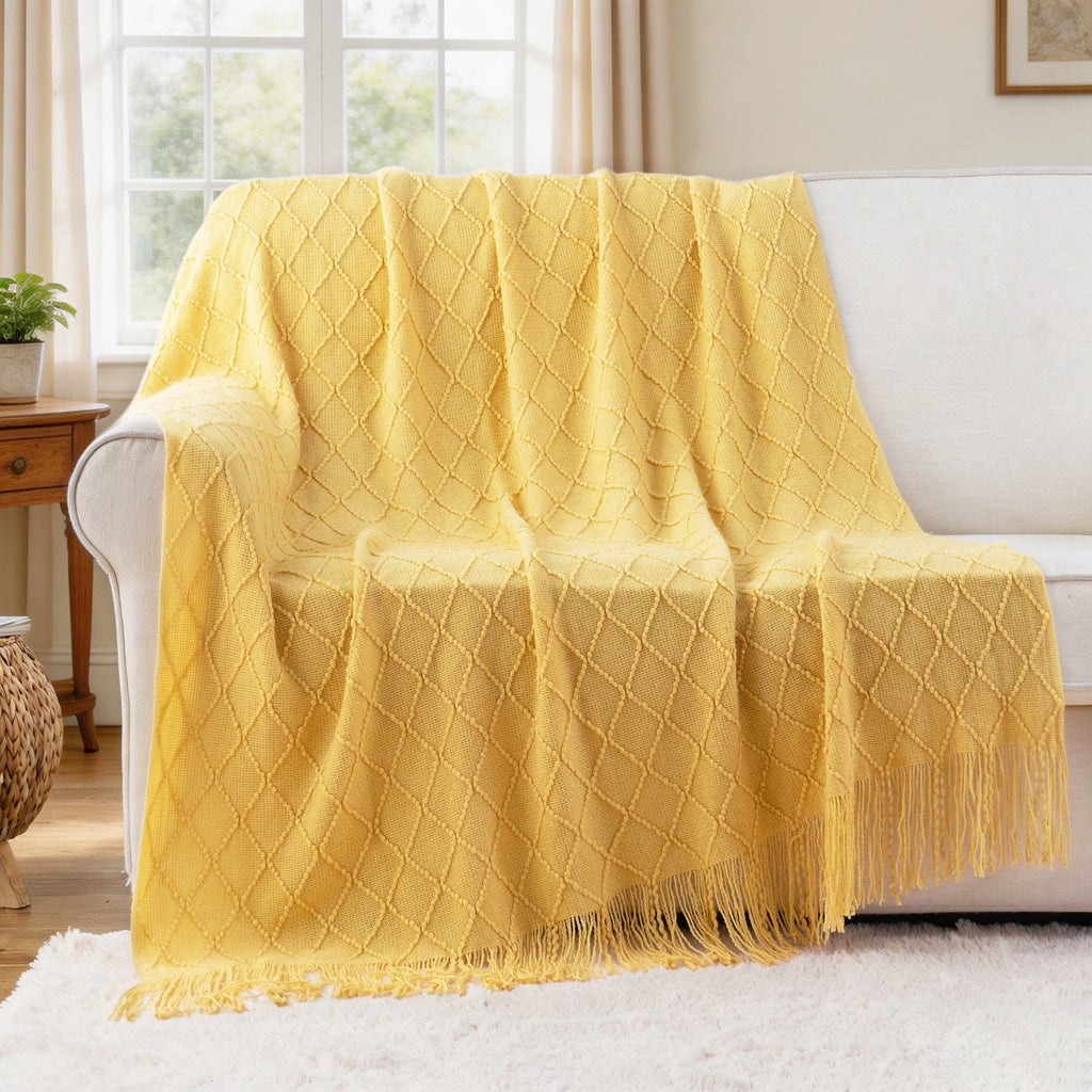 Mustard Throw Blanket for Couch,Gold Yellow Knit Throw with Fringe,Outdoor Throw ,50"x60" - Image 2