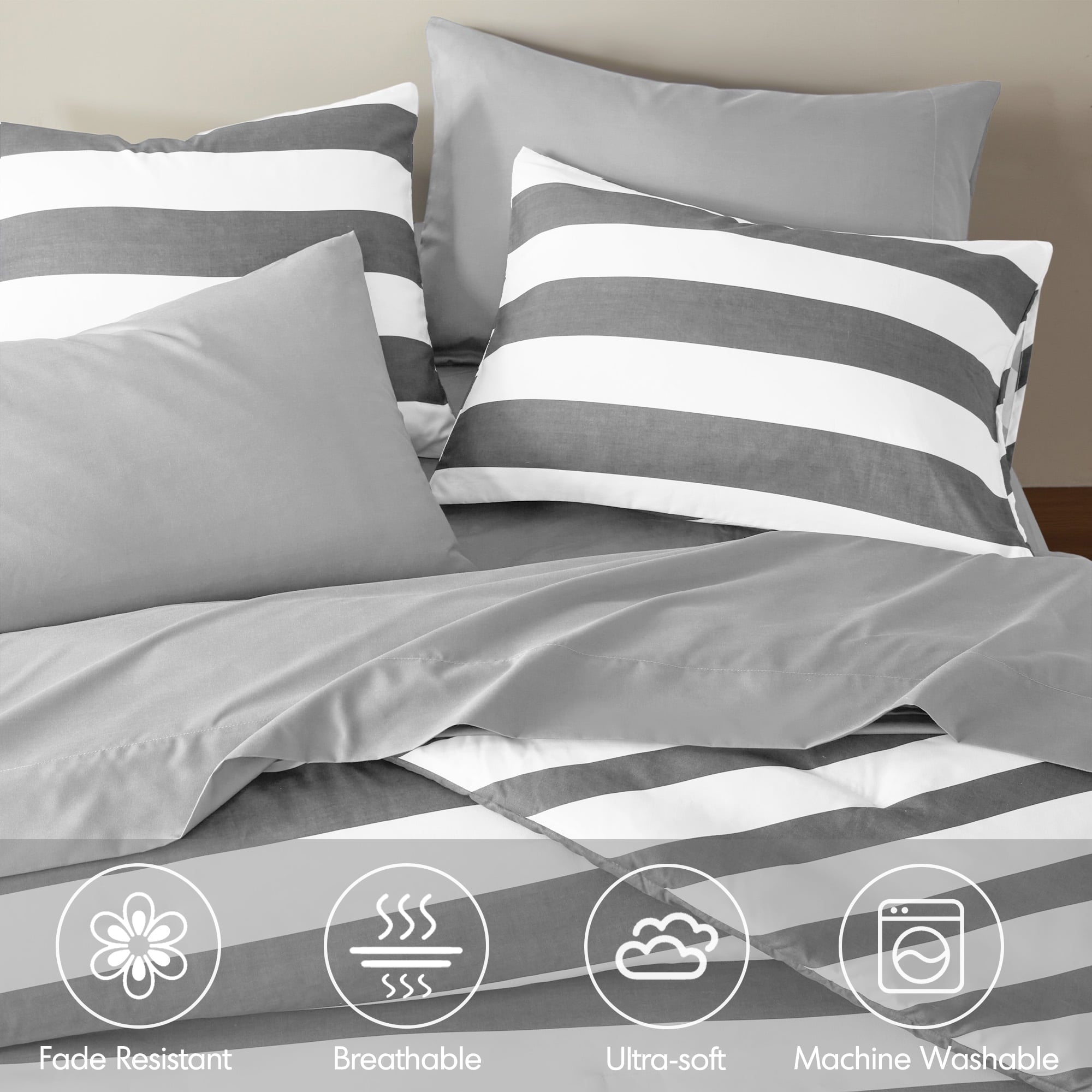 Regency Heights Full/Queen Size Comforter Sets, 3-Piece Bedding Set Full/Queen, Reversible Striped Comforter Bed Set, Charcoal - Image 4