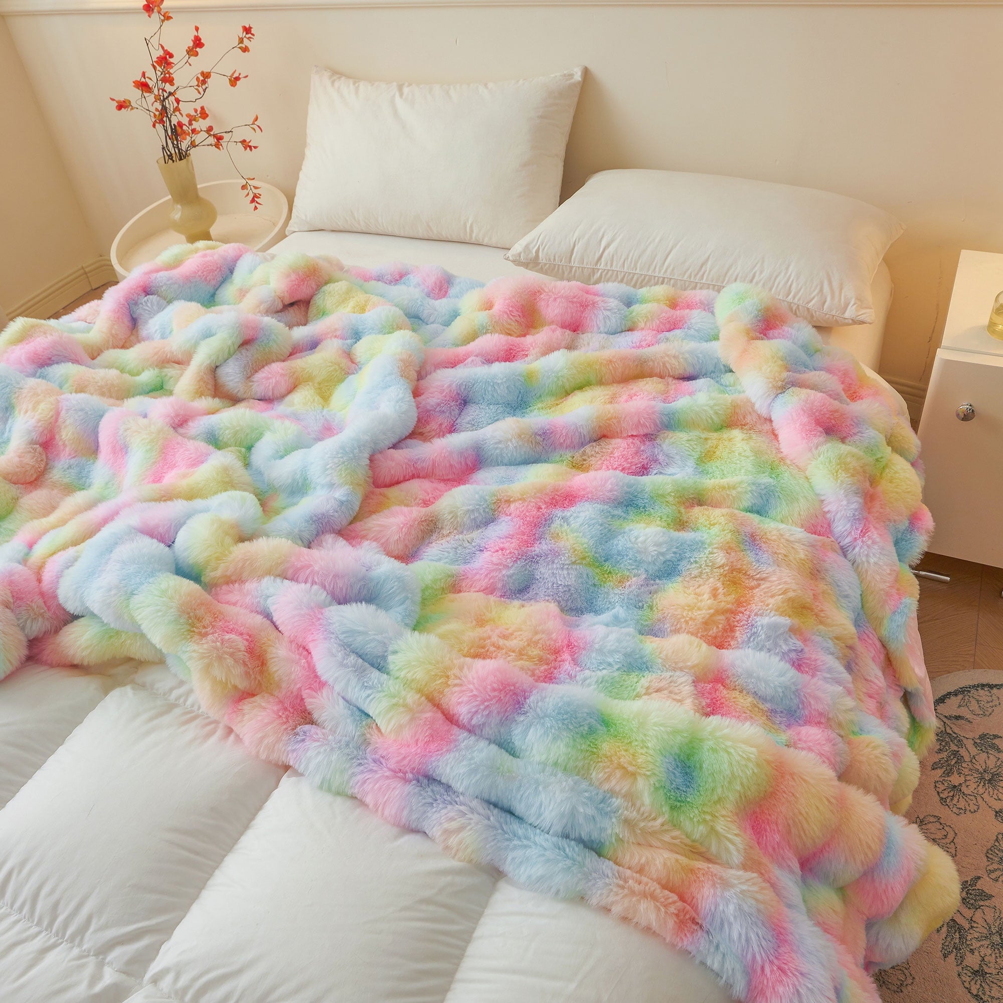 Fluffy Faux Rabbit Fur Bubble Throw, Rainbow Plush Shaggy Blanket for Couch Sofa Chair, Soft Tie Dye Furry Blanket Ad... - Image 6
