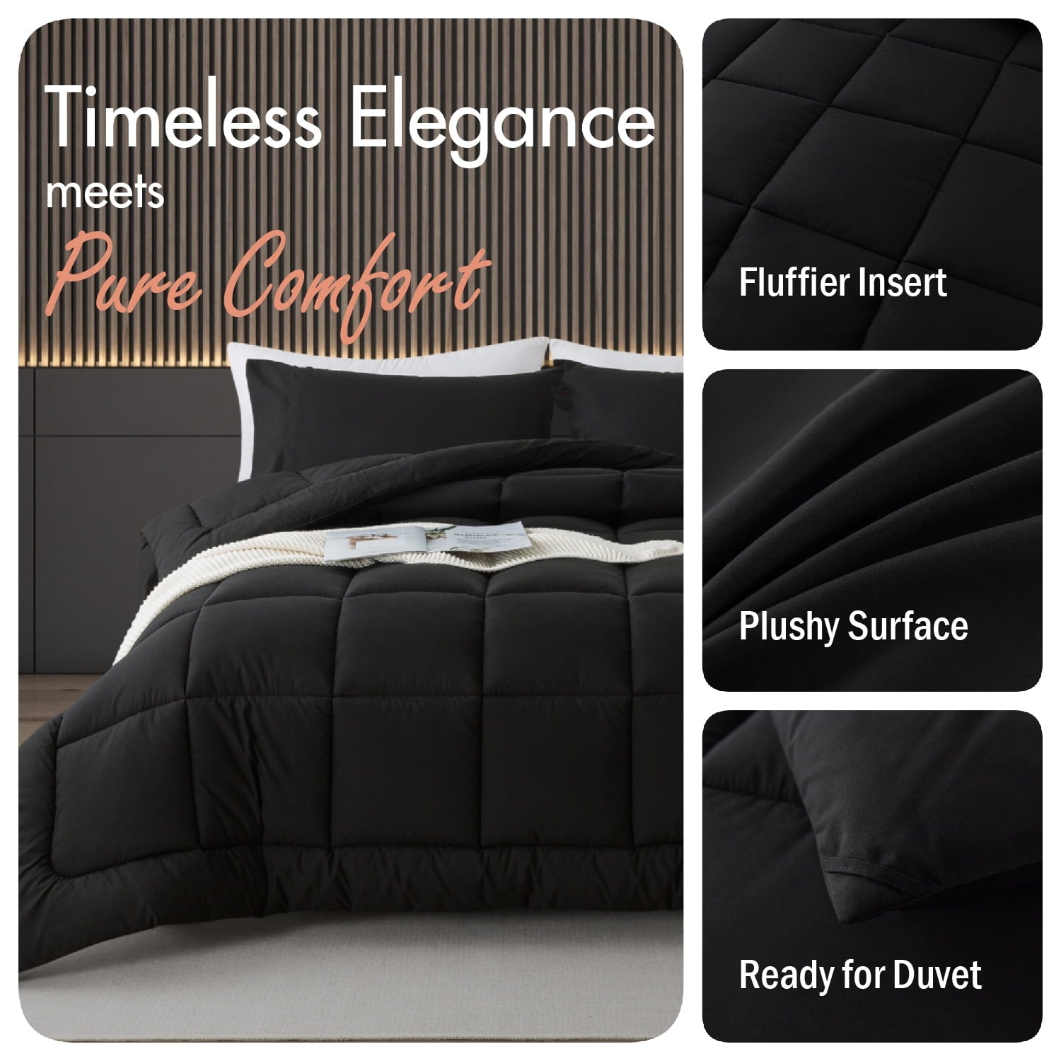 Queen Size 3-Piece All-Season Down Alternative Comforter Set Deep Black (Comforter and Pillowcase Bedding Set / bed i... - Image 2