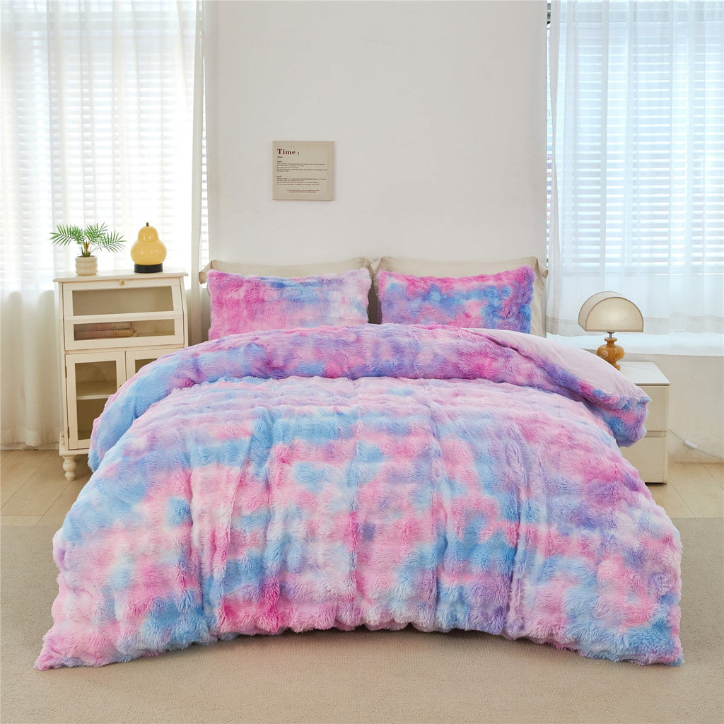 Faux Rabbit Fur Comforter Set Twin 3Pcs Girls Blue Purple Bedding Set Tie-Dyeing Soft Bed Comforter Set Warm Fuzzy Ki... - Image 6