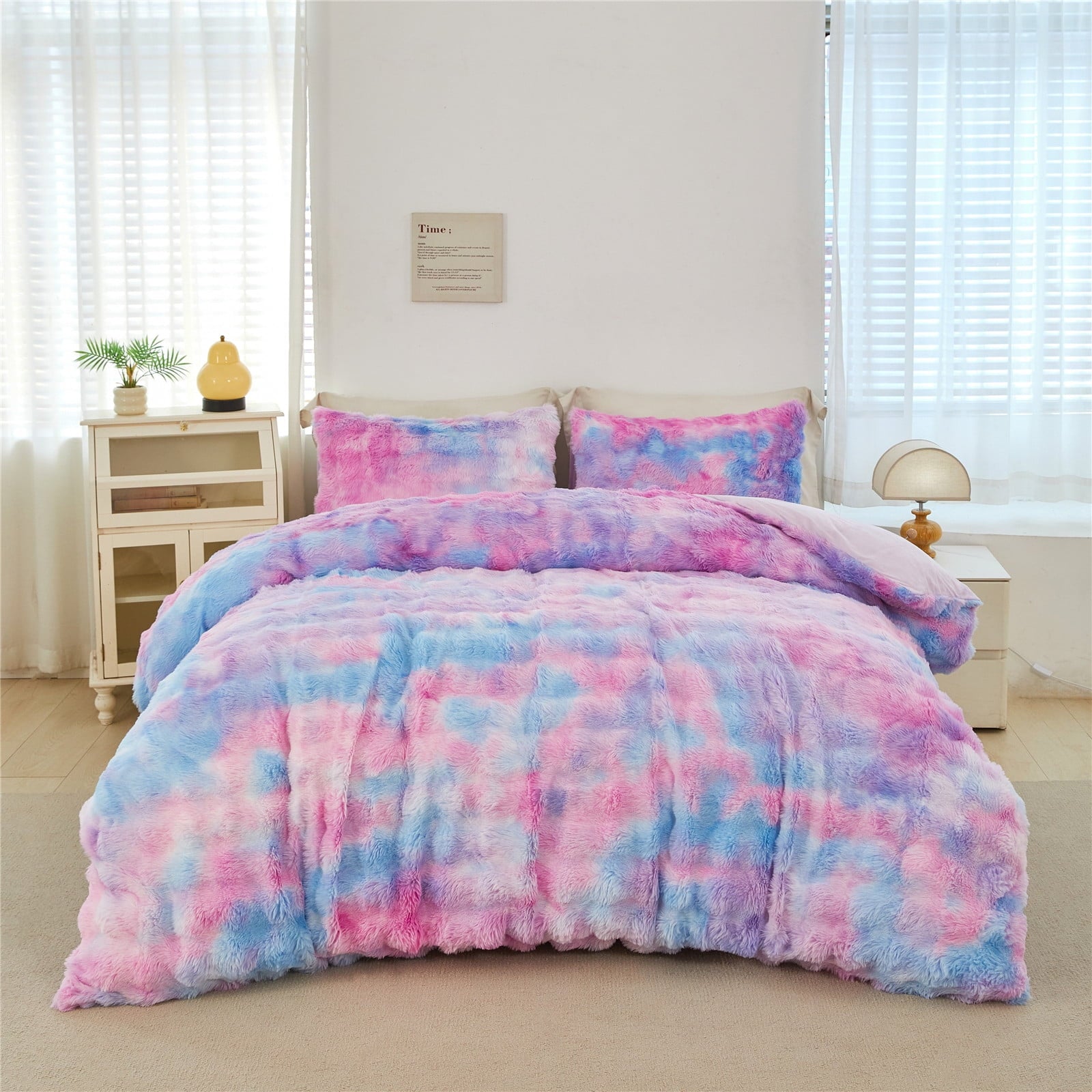 Faux Rabbit Fur Comforter Set Twin 3Pcs Girls Blue Purple Bedding Set Tie-Dyeing Soft Bed Comforter Set Warm Fuzzy Ki... - Image 6