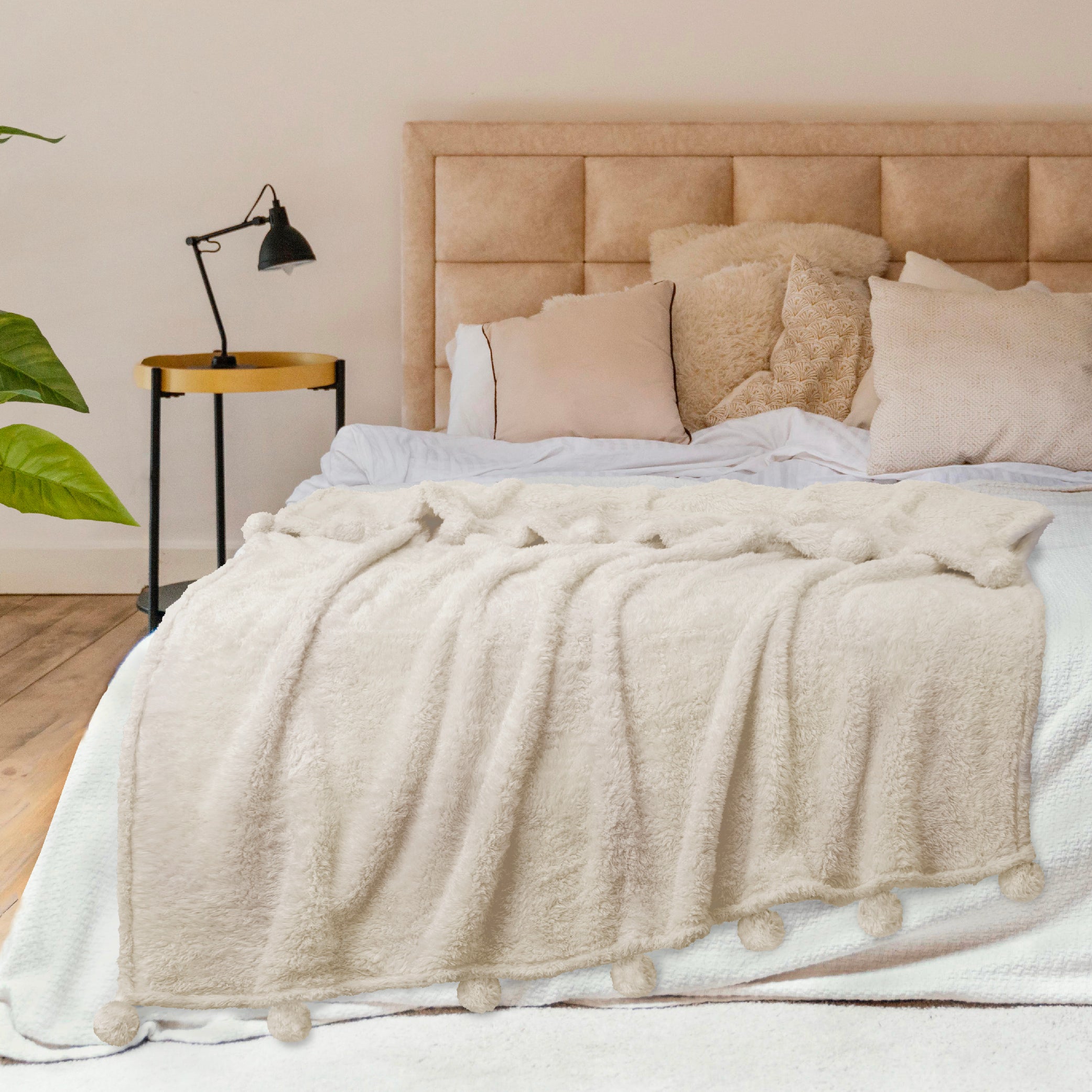 Ivory Cream Sherpa Throw Blanket with Soft Pom Pom Fringe, Plush Cozy Warm Blankets for Couch Bed Sofa, Fuzzy Fleece ... - Image 6