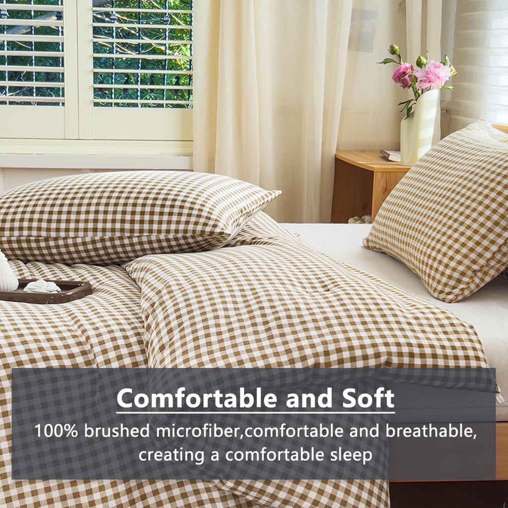 Tan Gingham Queen Comforter Set, Taupe Plaid Bedding Set, Checked Bed Comforter 3 Pieces(Tan Gingham, Queen) - Image 3