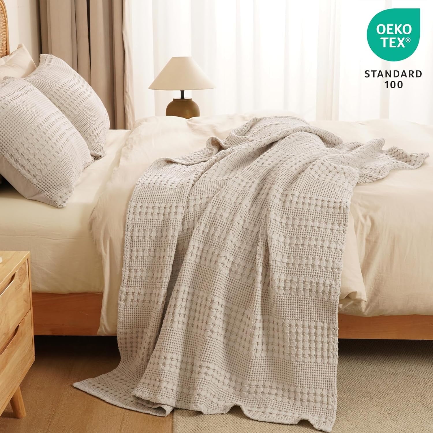 100% Cotton Waffle Weave Blanket, Lightweight Throw Washed Blanket for Bed Sofa Home Decor, Oatmeal, 50"x60" - Image 6