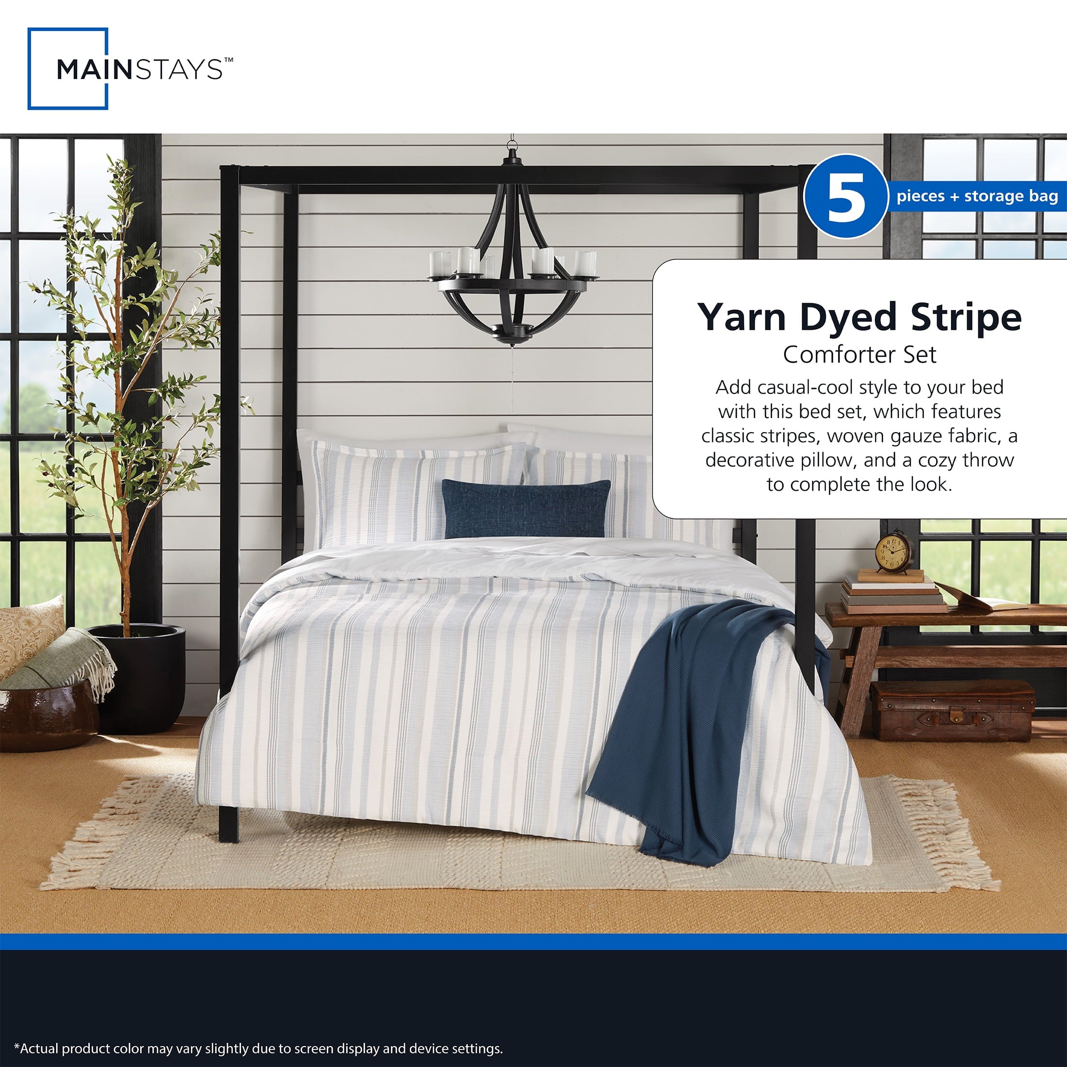 Mainstays Full/Queen Comforter Set, All-Season, 5-Piece, Blue Yarn Dyed Stripe - Image 6